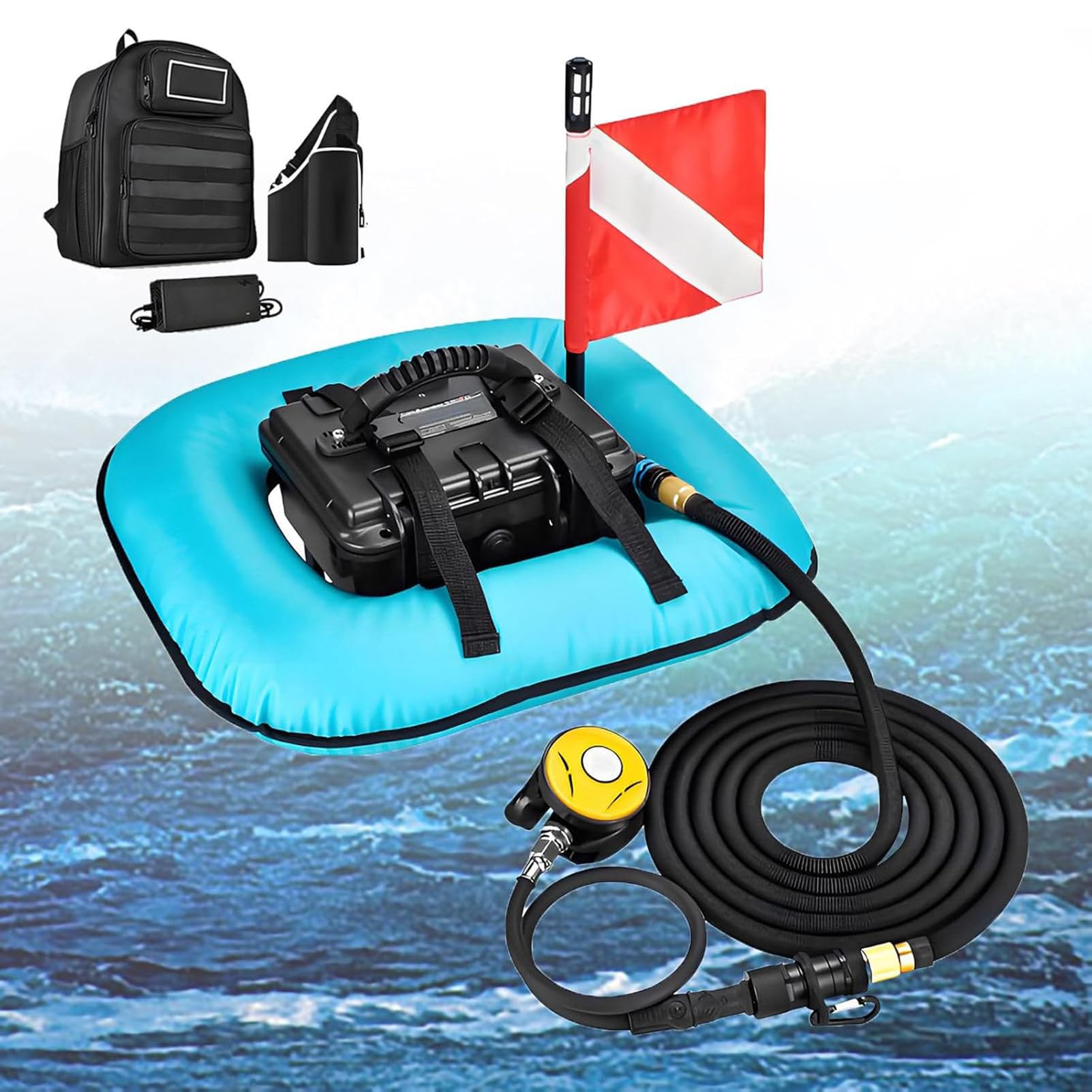 NzEupno Scuba Diving Ventilator, Waterproof Portable Rechargeable Dive System, Underwater Breathing Device with Telescopic Pipe & Diving Breathing Regulator Blue-1Battery