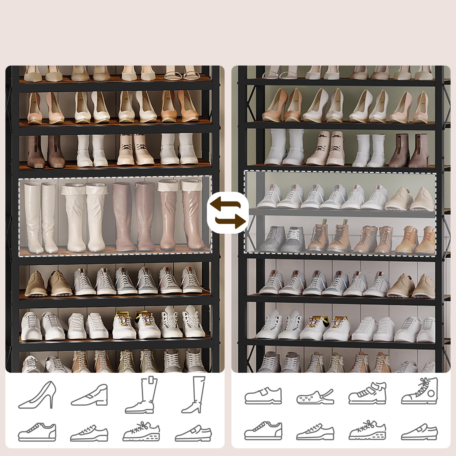 YATINEY Porte-Chaussures 10 Niveaux 173,5 cm Haut, 30-40 Paires (Plateau Supérieur Inclus), 3 Croisillons en Métal par Côté, pour Entrée, Salon, Chambre, Marron Rustique et Noir XSS210BR