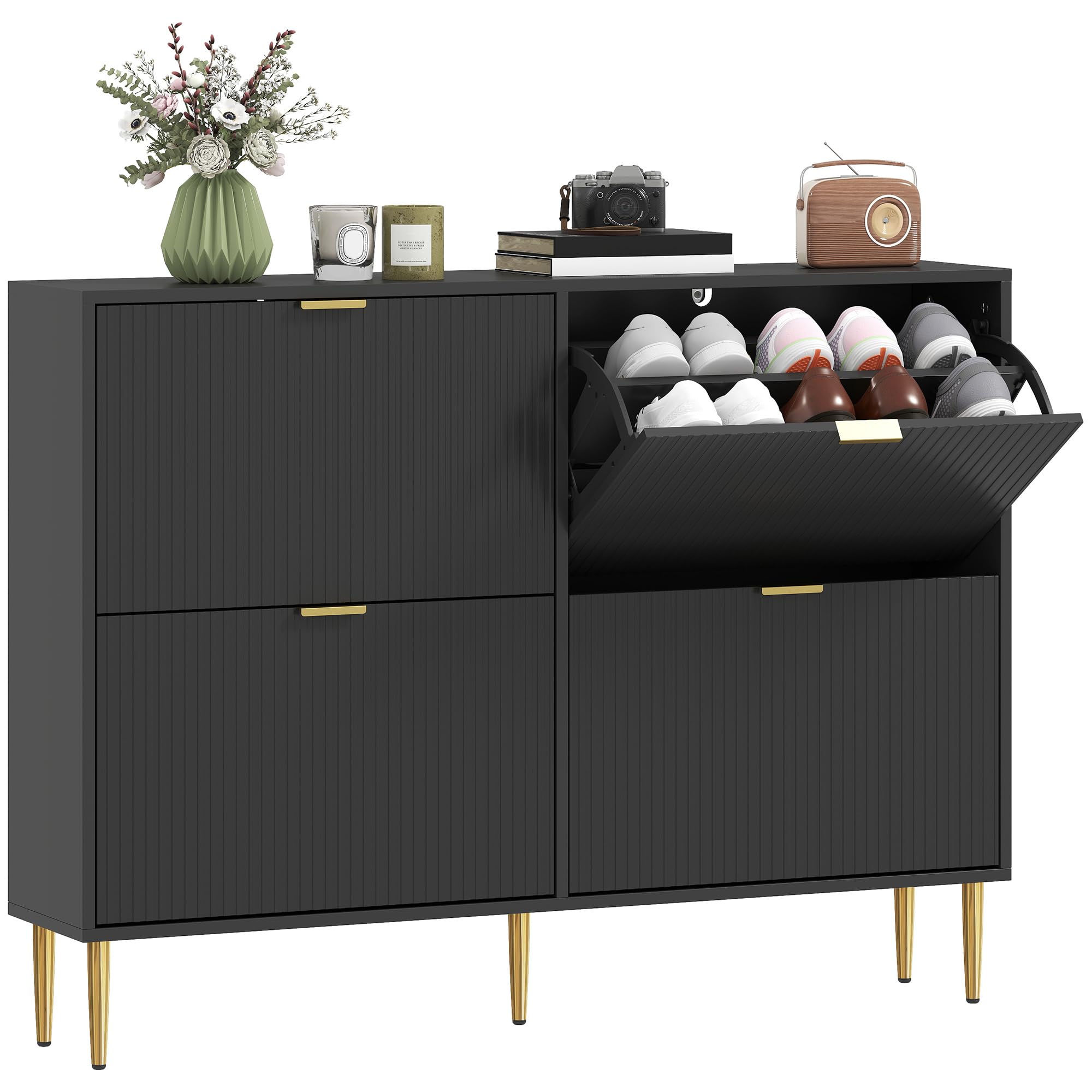 HOMCOM Narrow Shoe Cabinet with 4 Flip Drawers, Modern Slim Shoe Storage Cabinet with Fluted Doors and Adjustable Shelves for Hallway, Holds 10-20 Pairs, Black