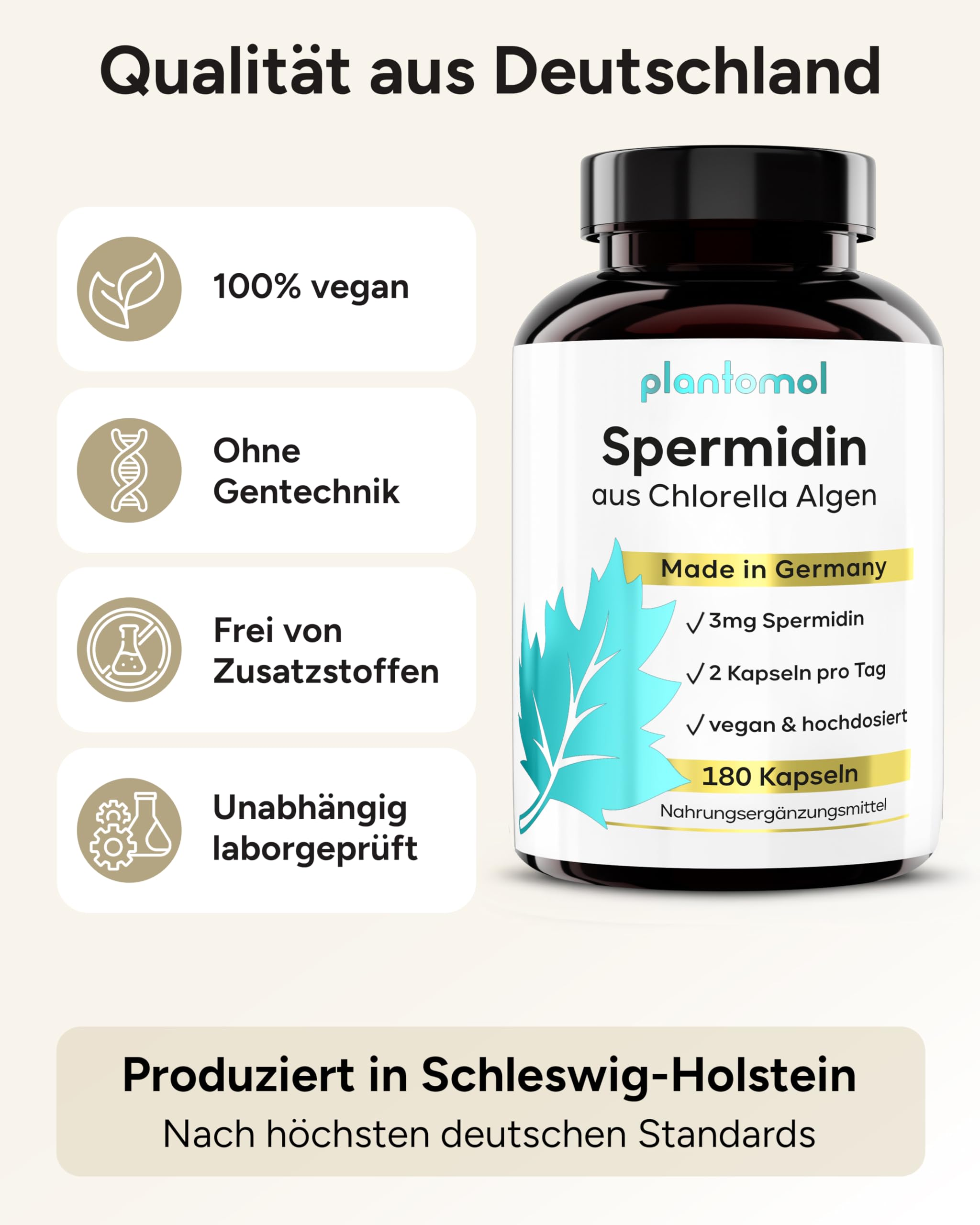 180 Spermidin Kapseln hochdosiert aus Chlorella - hoher natürlicher Chlorophyll Gehalt + 3mg Spermidine hochdosiert - 3 Monatsvorrat