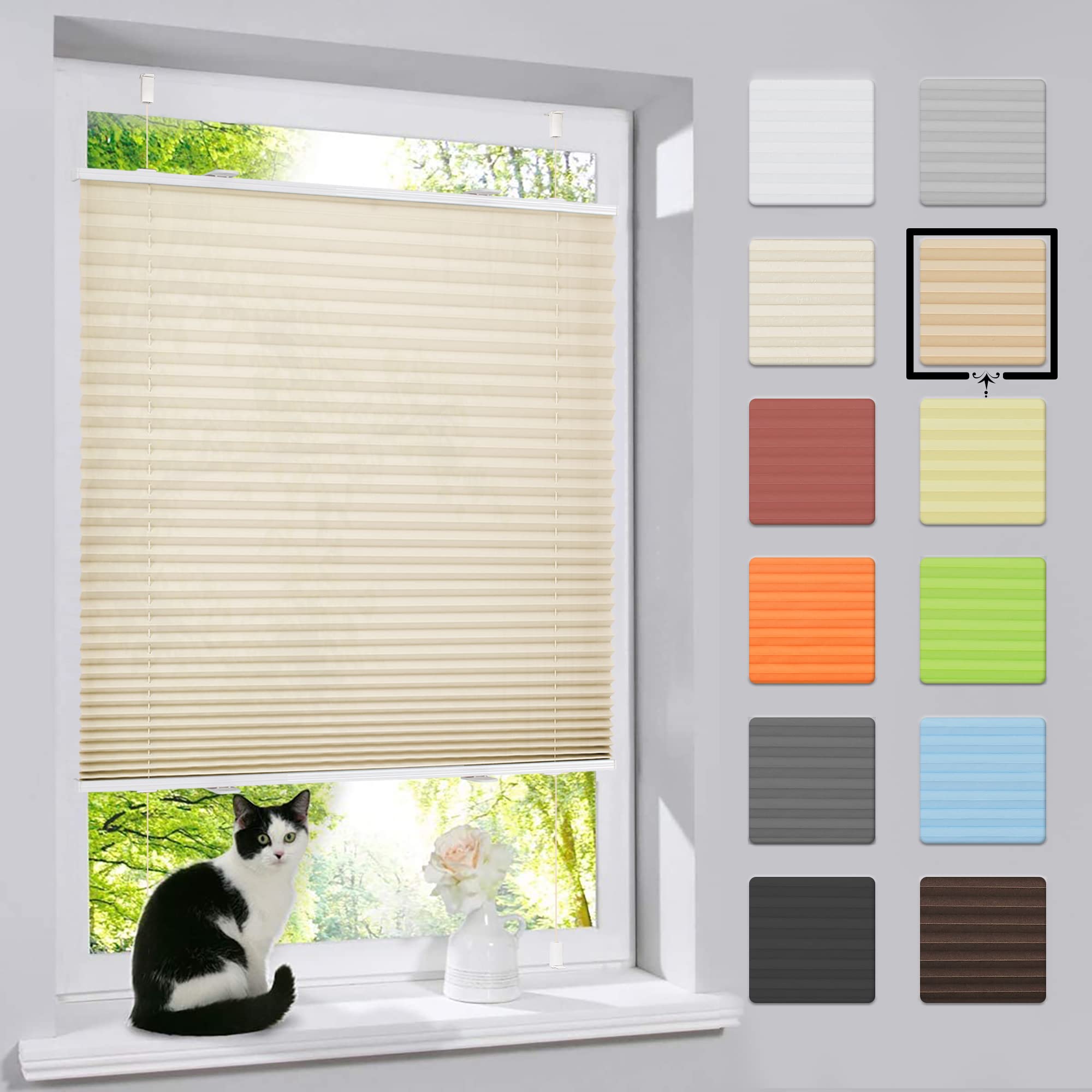 bobodeco Plissee ohne Bohren Klemmfix Faltrollo Jalousie Creme 65x80cm (BxH), Plisseerollo Sichtschutz und Sonnenschutz Blickdicht Easyfix lichtdurchlässig Rollo für Fenster & Tür