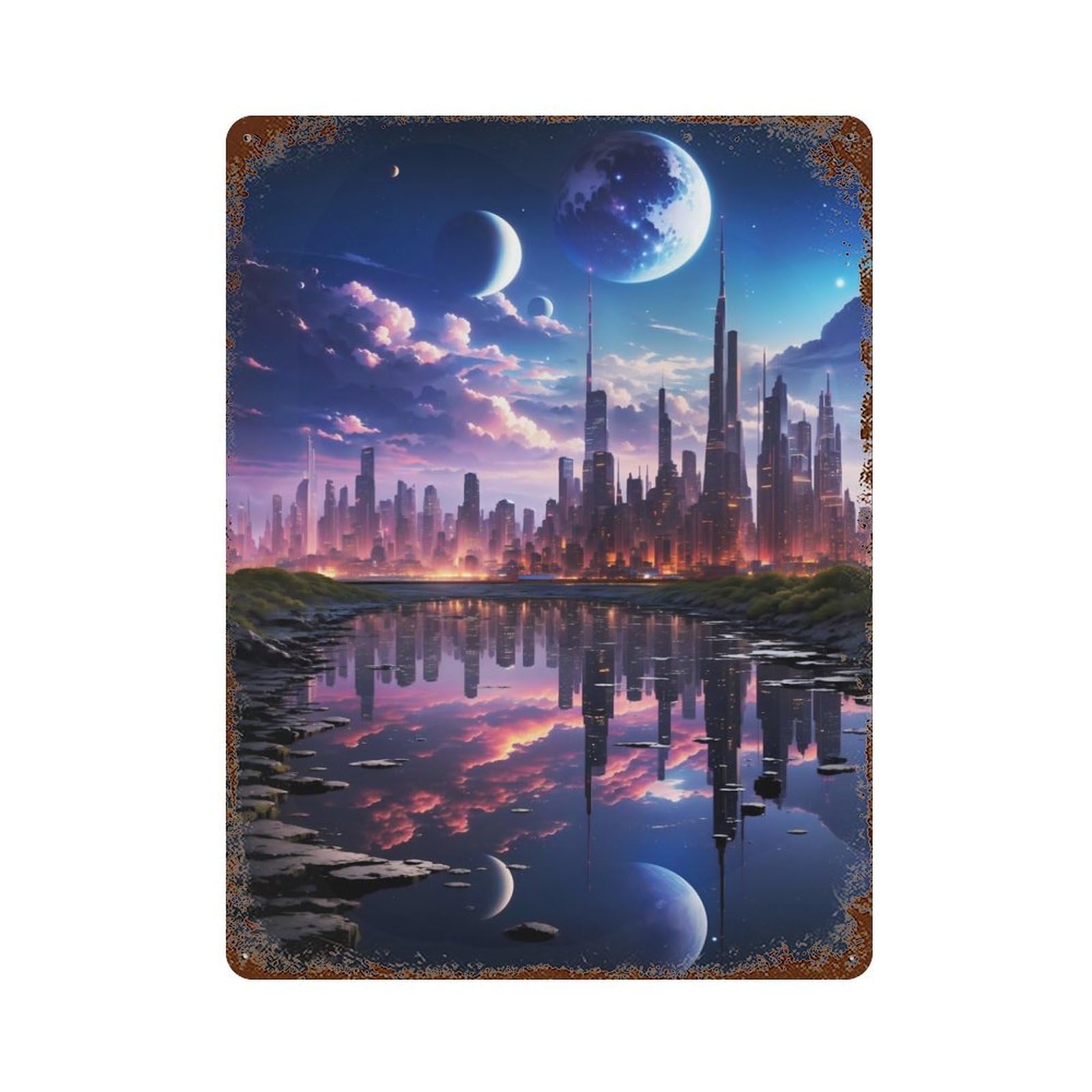 Rust Effect Futuristic Metropolis Vintage Rust Metal Sign 15.7"x11.8", Rustic Home Decor for Farmhouse, Kitchen And Entryway Decor