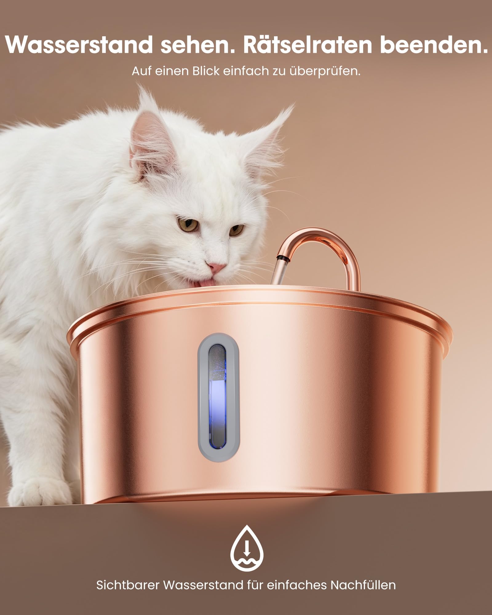 Kittyspout Katzenbrunnen 3,2L aus Edelstahl, mit 3 Filtern und Sichtfenster | Besonders leiser Trinkbrunnen für Katzen und kleine Hunde mit sanfter LED-Beleuchtung, Kupferoberfläche