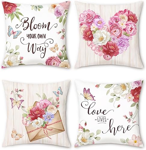 Bonhause Juego de 4 fundas de almohada florales de 18 x 18 pulgadas, con flores rosas, para el Día de la Madre, para sofá, cama, decoración del hogar