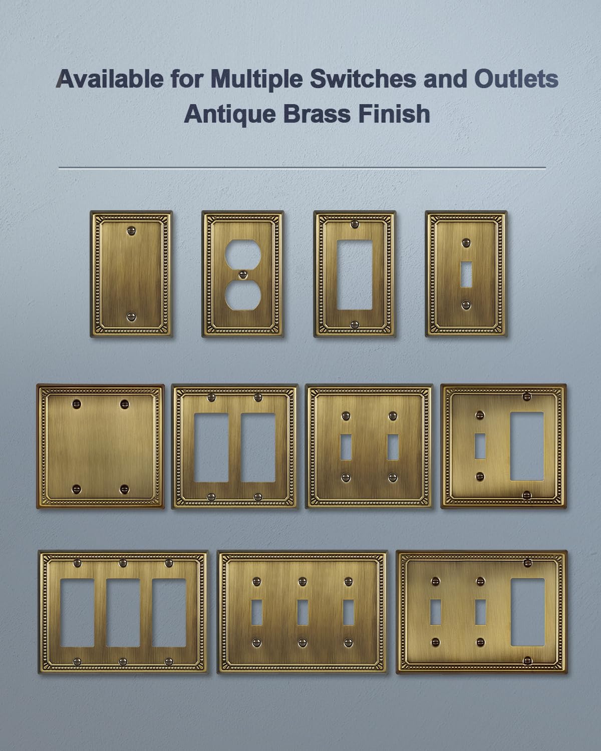 Metal Wall Plates, Switch Plates and Outlet Covers, Decorative Pearl Design (1 Duplex 6PK, Antique Brass, Midsize)