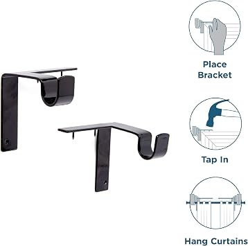 Kwik-Hang Single Curtain Rod Brackets No Drill, No Damage Perfect Curtains Every Time 1 Black
