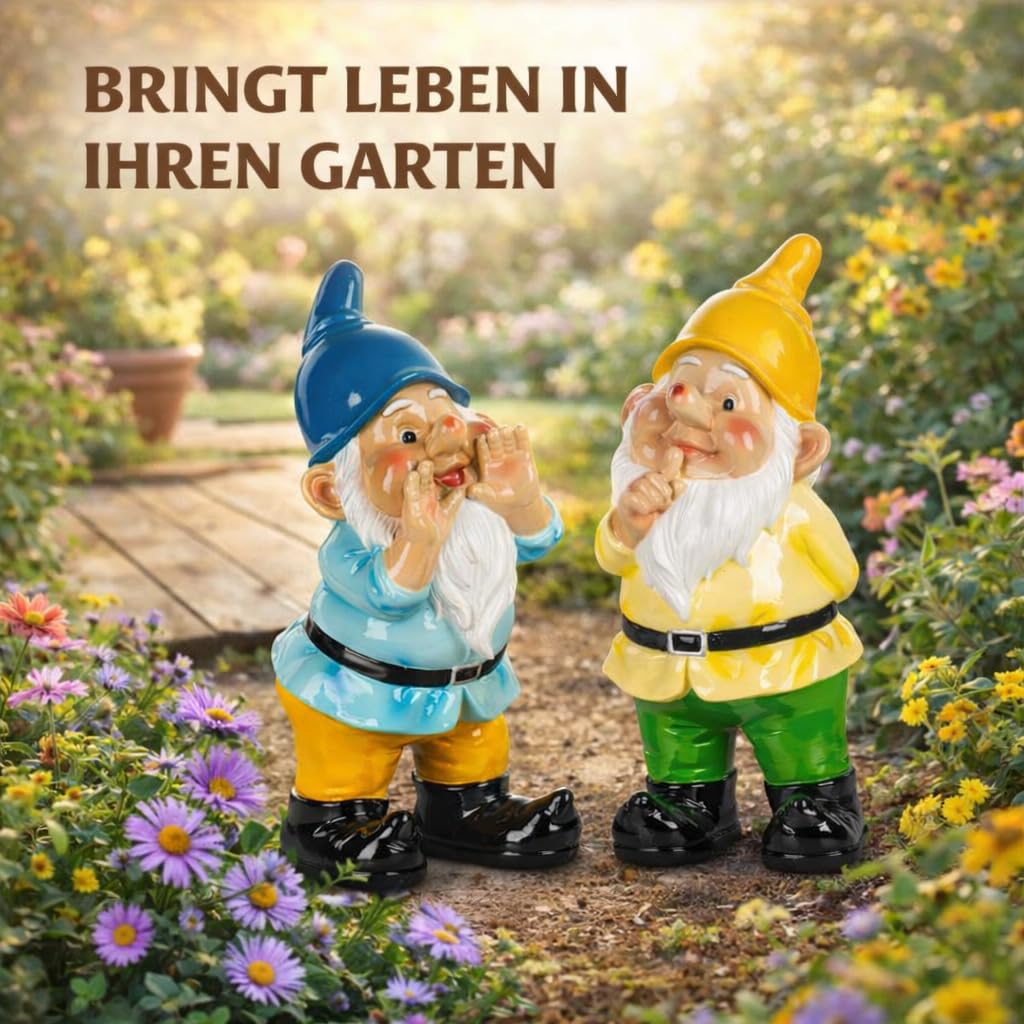 formano 2er Set Gartenzwerg Gartendeko Figuren handbemalt Kunststein 34 cm groß glänzende Oberfläche lustige Gartenfiguren für Garten Terrasse Balkon dekorative Zwerge Outdoor Deko