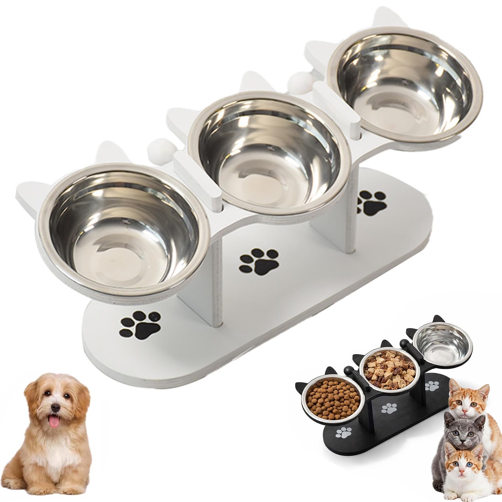 Non-Slip Elevated Pet Feeder with 3 Bowls, Anti-Slip Elevated 3-Bowl Pet Feeder, Adjustable Height 15° Tilted Stainless Steel Cat Bowls, Raised Pet Bowl for Small Dogs and Cats (White)