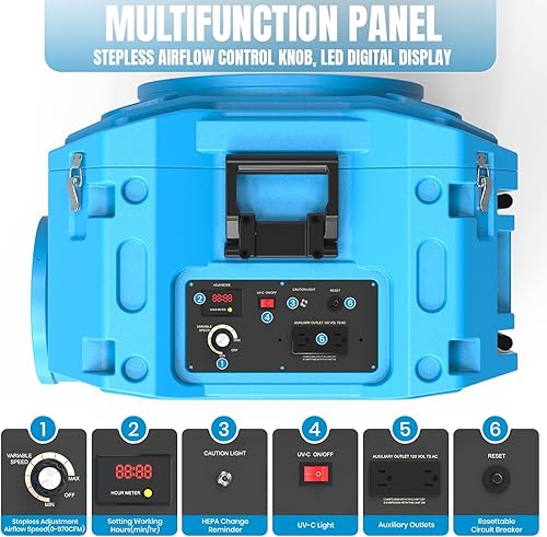 Miniatura 4 de Depurador de aire con filtración de 3 etapas, máquina de aire negativo HEPA de 970 CFM con ruedas bloqueables de 360 y mango plegable automático,