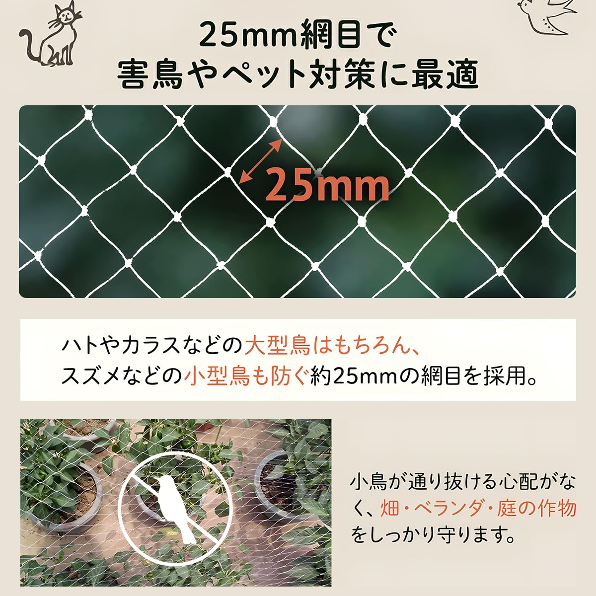 防鳥ネット 180cmX180m 網目2.5cm 防鳥ネット サイズオーダー 302番 