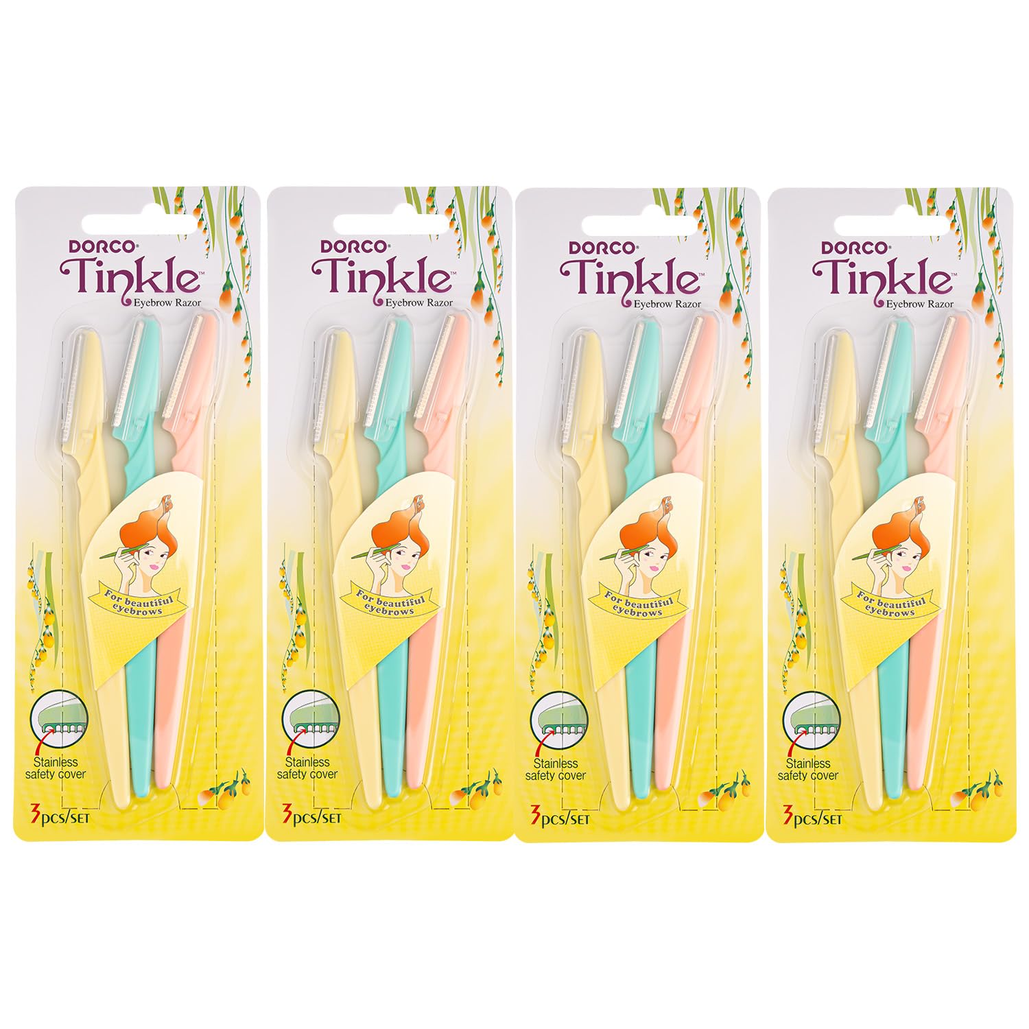 Dorco Tinkle - Maquinillas de afeitar para cejas, 12 unidades (4 paquetes de 3), recortadora de cejas de precisión y herramienta de dermaplaning para una depilación segura y sin esfuerzo, regalo de