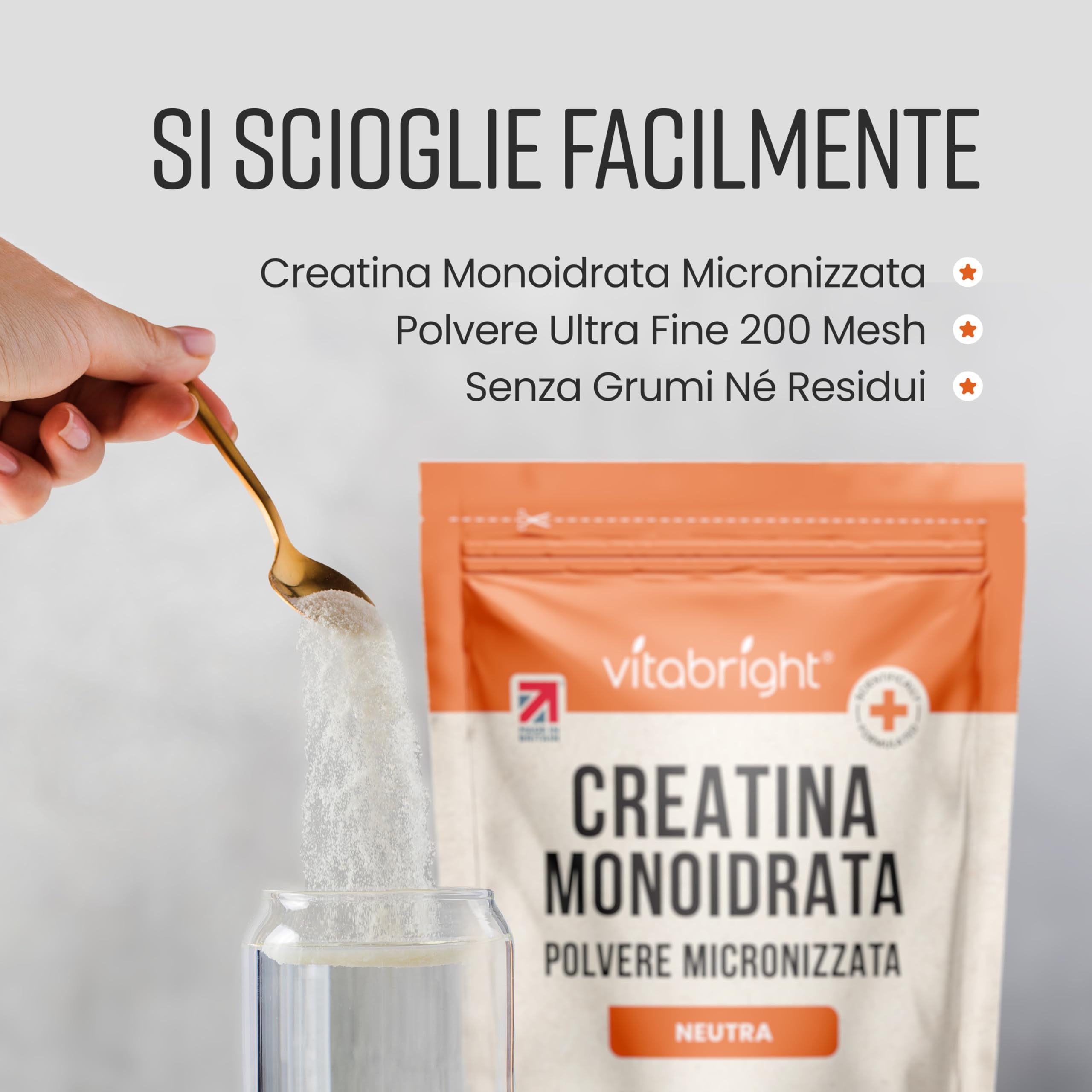 Creatina Monoidrata in Polvere Micronizzata | Busta da 400g | 114 Porzioni | Creatina Monohidrato Polvere Ultra Fine 200 Mesh a Rapido Scioglimento (Non Capsule) | Vitabright Creatine Monohydrate