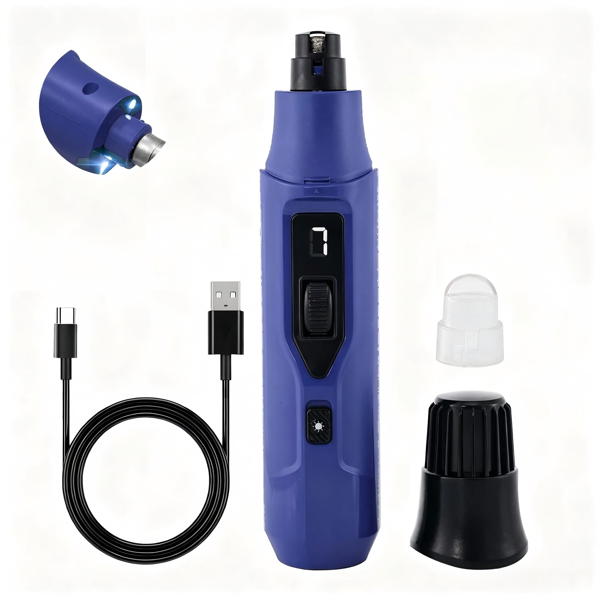 Tife Broyeur à ongles LED pour animaux domestiques, 7 vitesses réglables, coupe-ongles silencieux pour chien et chat avec tête de meulage