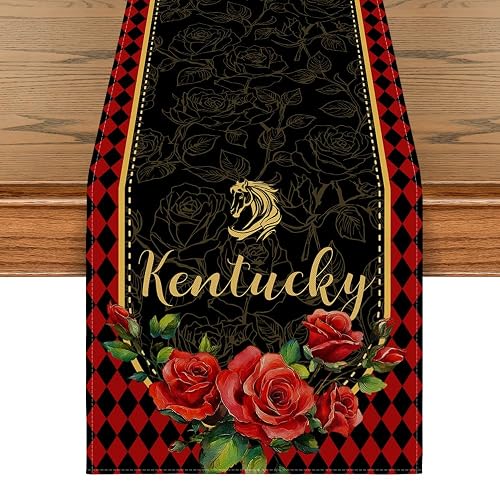 Artoid Mode Horse Roses Diamond Pattern Kentucky Table Runner, Festival
