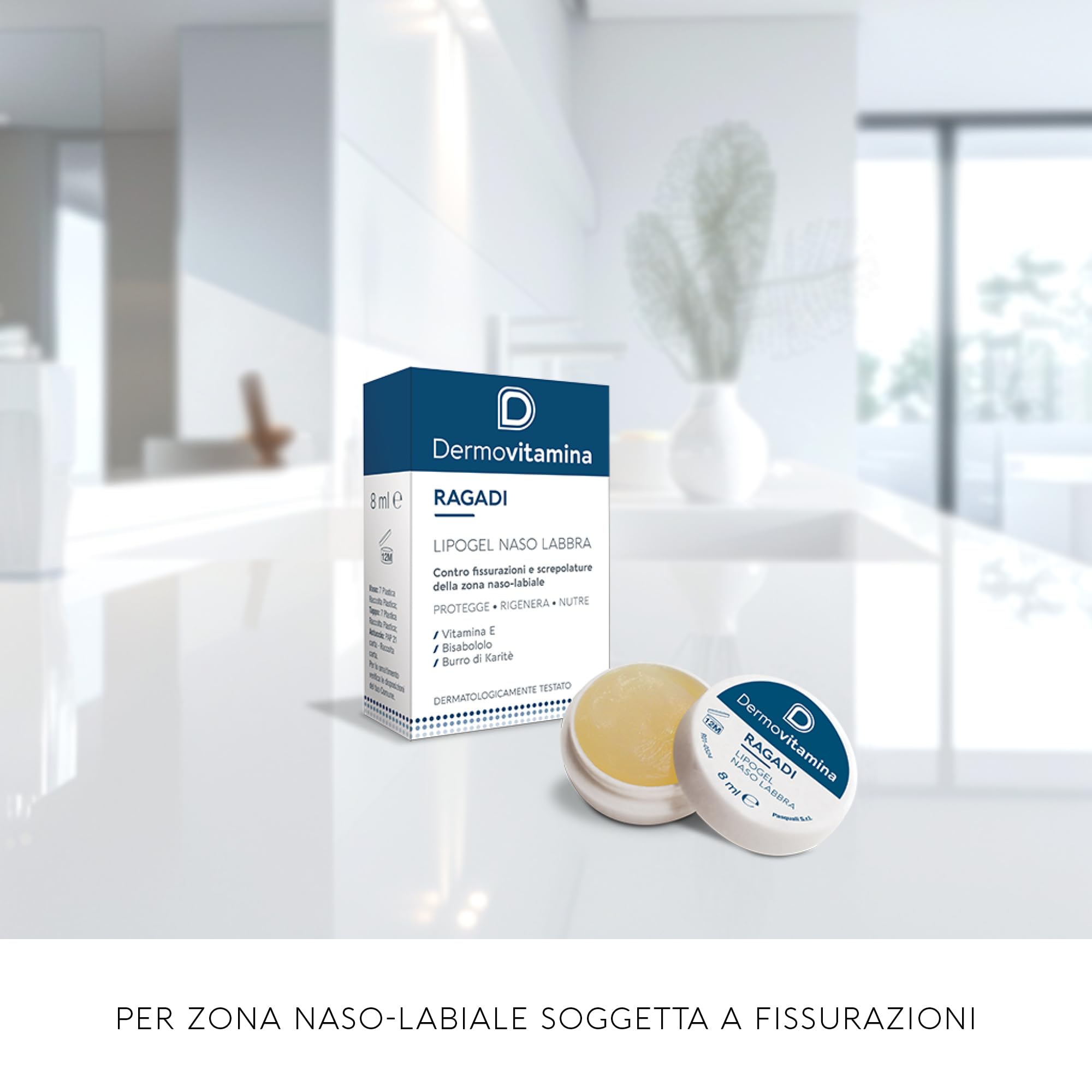 Dermovitamina Ragadi Naso Labbra - Lipogel per Naso e Lembi Screpolati - Balsamo Labbra Riparatore - Idrata e Nutre in Profondità - Formula Delicata Senza Aroma - 8 ml