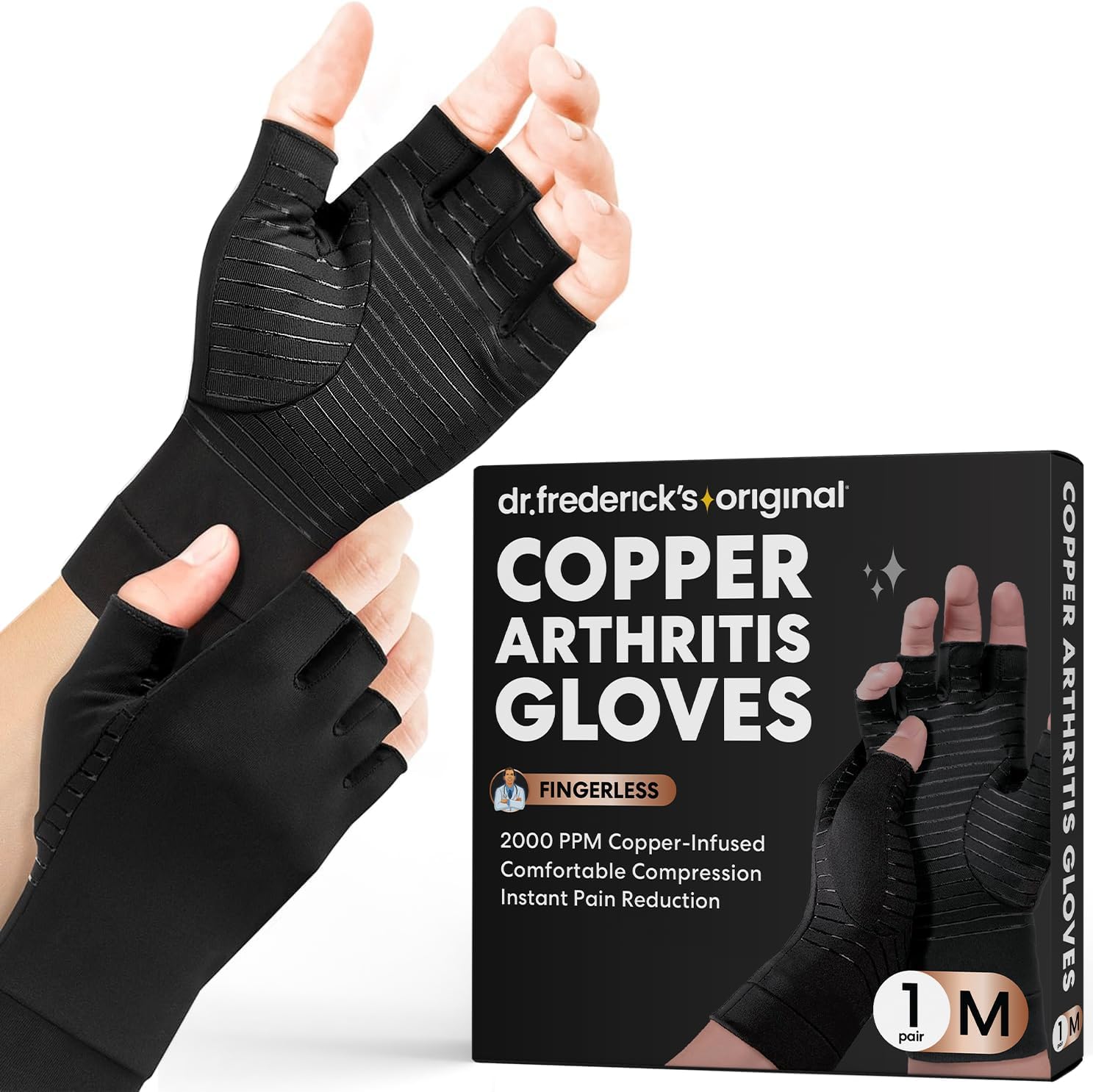 Dr. Frederick's Original Copper Compression Arthritis Gloves - Doctor-Developed Hand Pain Relief for Arthritis, Carpal Tunnel & Tendonitis - All-Day Comfort, Typing & Daily Use - Fingerless, Medium