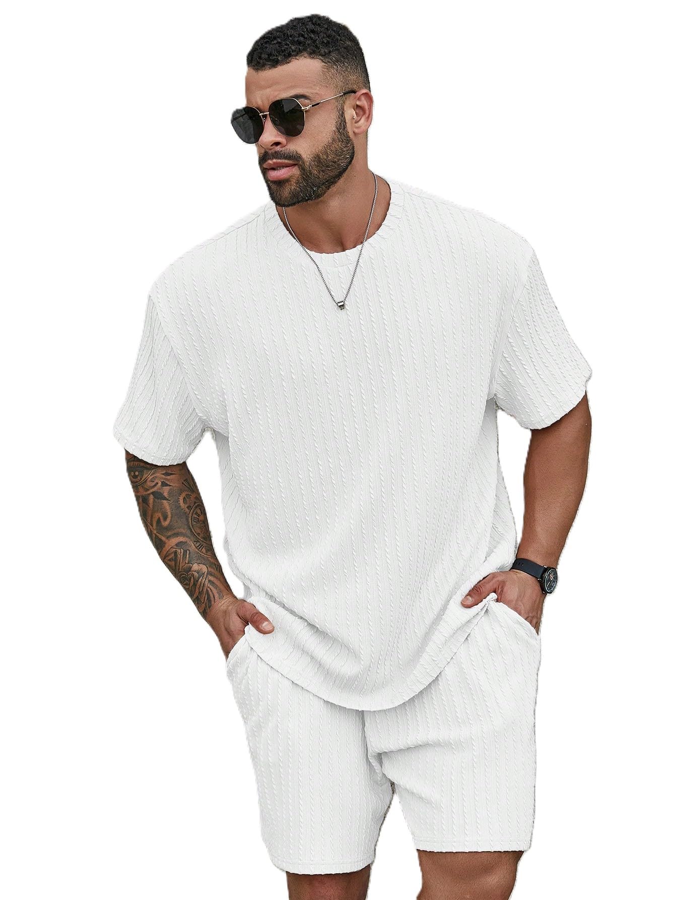 zilcon Men's 2 Piece Outfits Short Sleeve Crewneck Summer T Shirt and Drawstring Casual Track Shorts Set || co order set || Night Suit-picture-36