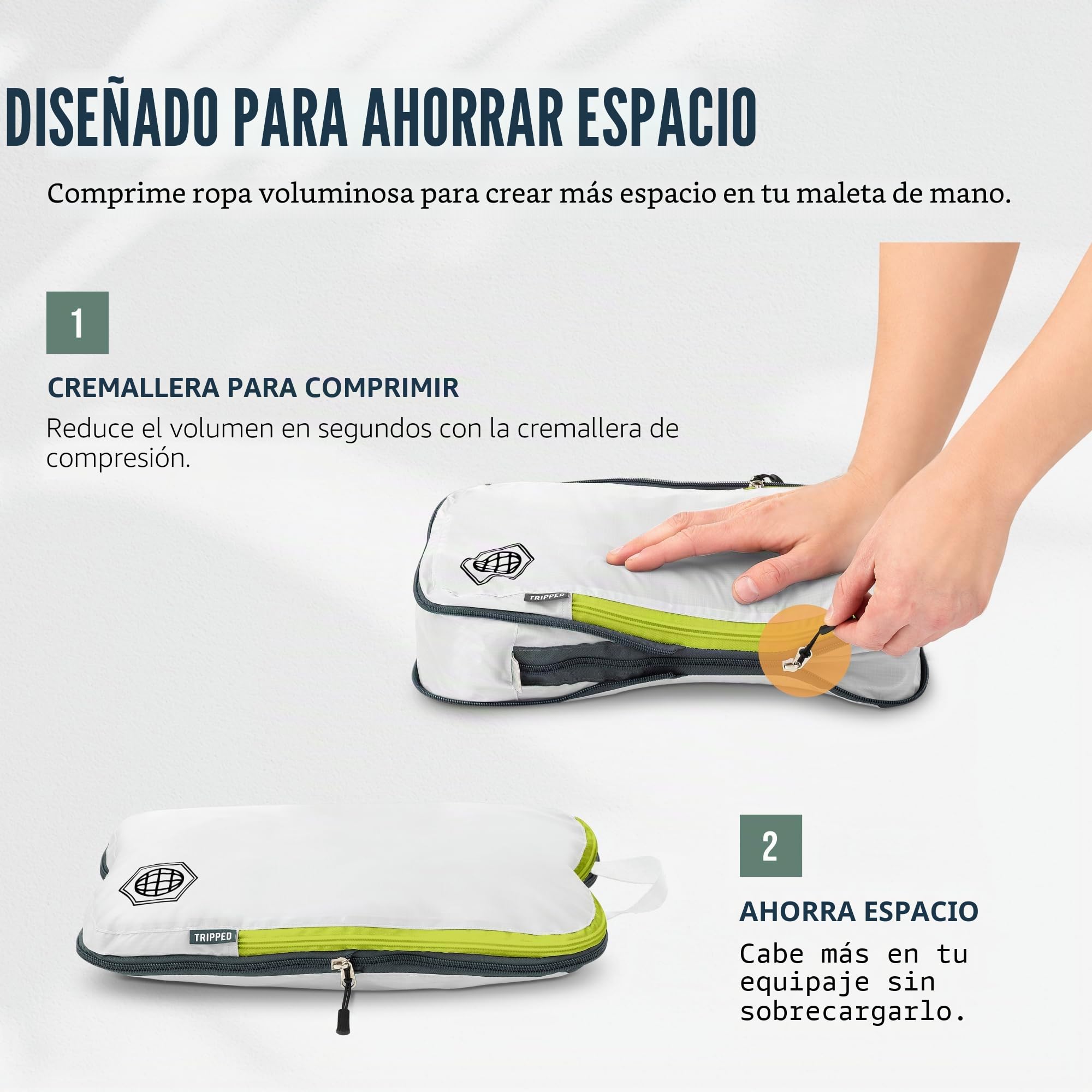 TRIPPED Travel Gear Compresión embalaje cubos 6 Piece Set Carryon equipaje resistente ligero viajes organizador bolsas con cremallera doble (blanco y verde)