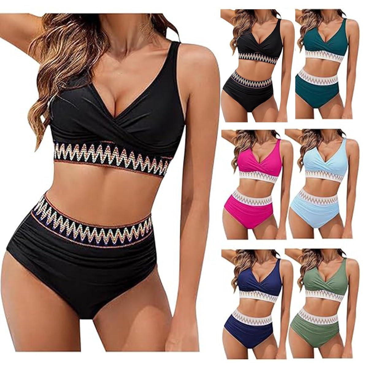 Conjunto De Bikini For Mujer, Traje De Baño Sexy De Dos Piezas con Cuello En V Y Cintura Alta, Traje De Baño con Control De Barriga, Traje De Baño Push Up, Bikini De Playa(Pink,XXL)