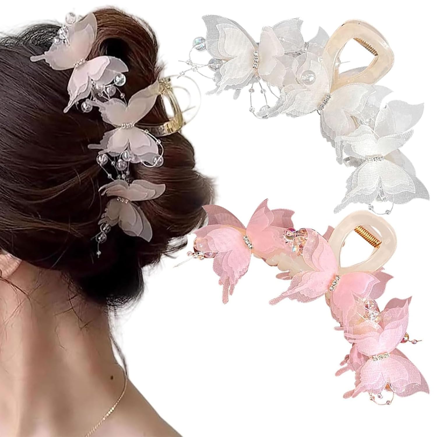 2Pcs Butterfly Clips for Hair, Tulip Claw,Hairstyle Decoration Bride Clip, Hair Clutcher for Women, Suitable for Various Occasions and Easy to Match (White,Pink)