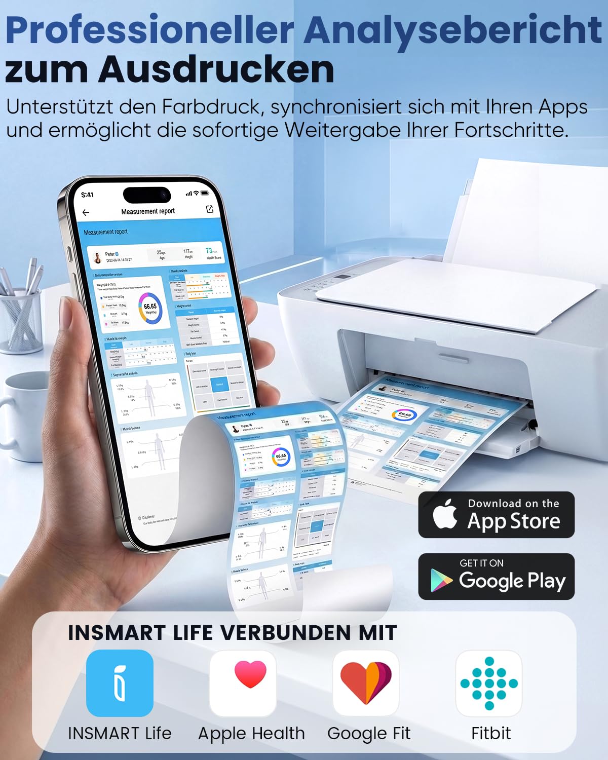 INSMART Körperfettwaage, 8 Elektroden Digital Personenwaage misst 56 Körperparameter Darunter BMI, Körperfett und Muskelmasse, VA-Farbdisplay und einziehbarem Griff, Maximale Tragfähigkeit 227 kg