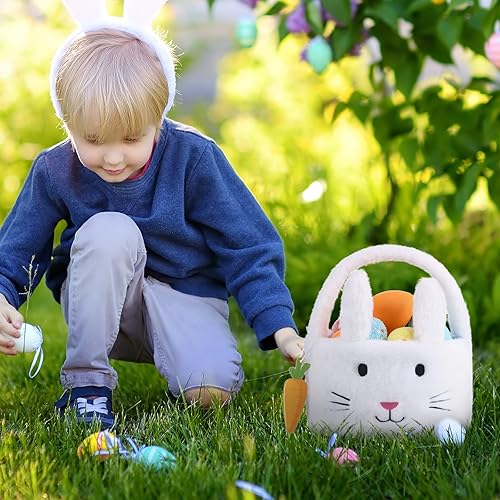 Miniatura 4 de 4 canastas de conejo de Pascua para niños, bonita cesta de conejo de felpa con asa plegable con orejas plegables con tarjeta de nombre de zanahoria