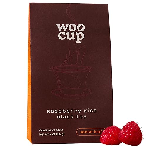 Woocup Té negro de frambuesa roja, té negro de hoja entera con piezas de frambuesa (2 onzas), té de hojas sueltas de frutas con sabor natural para