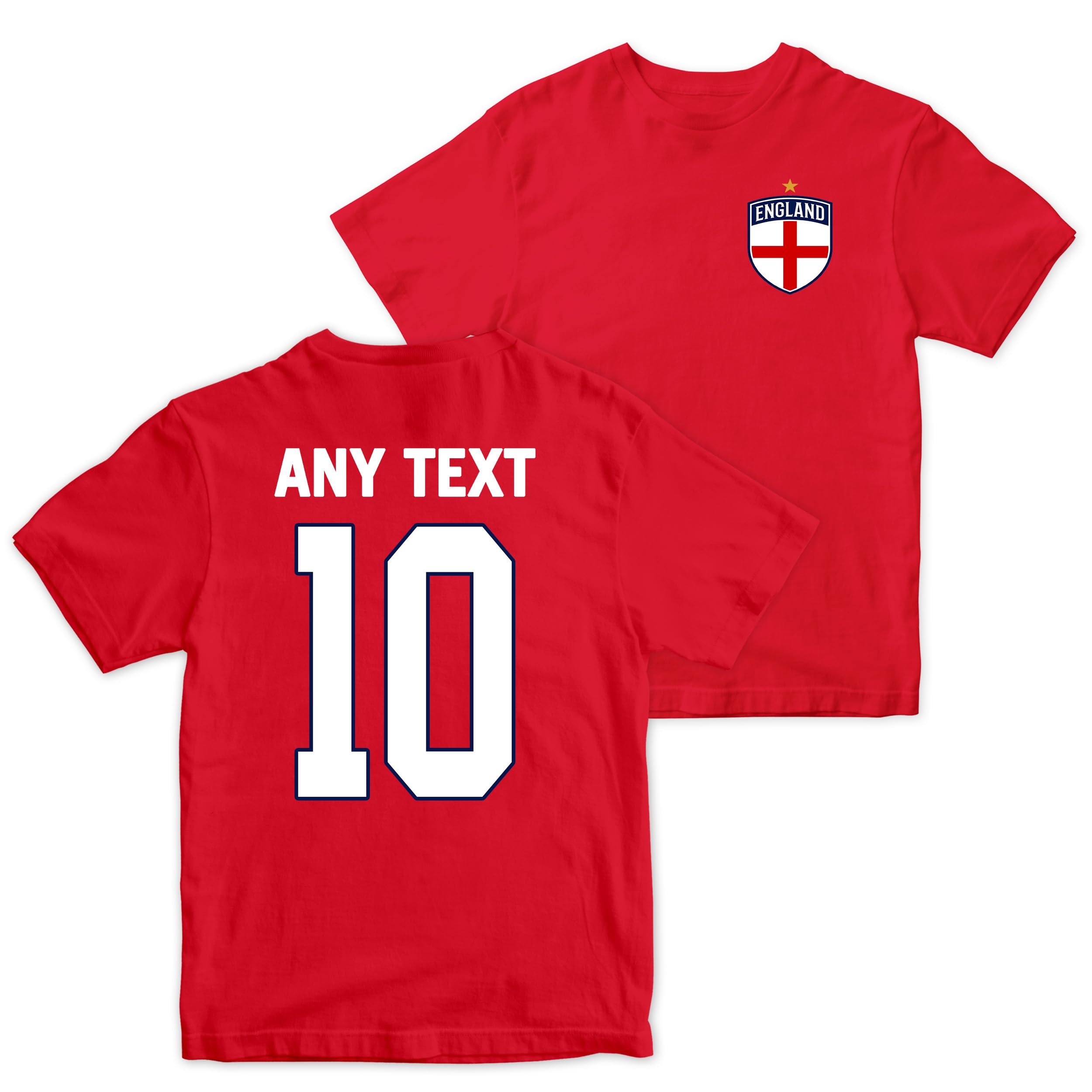 Purple Print House Personalised England Away 2026 Kids T Shirt - Football Badge Name Number Top - Boys Girls Fan Gift, 5-6 Years, Red