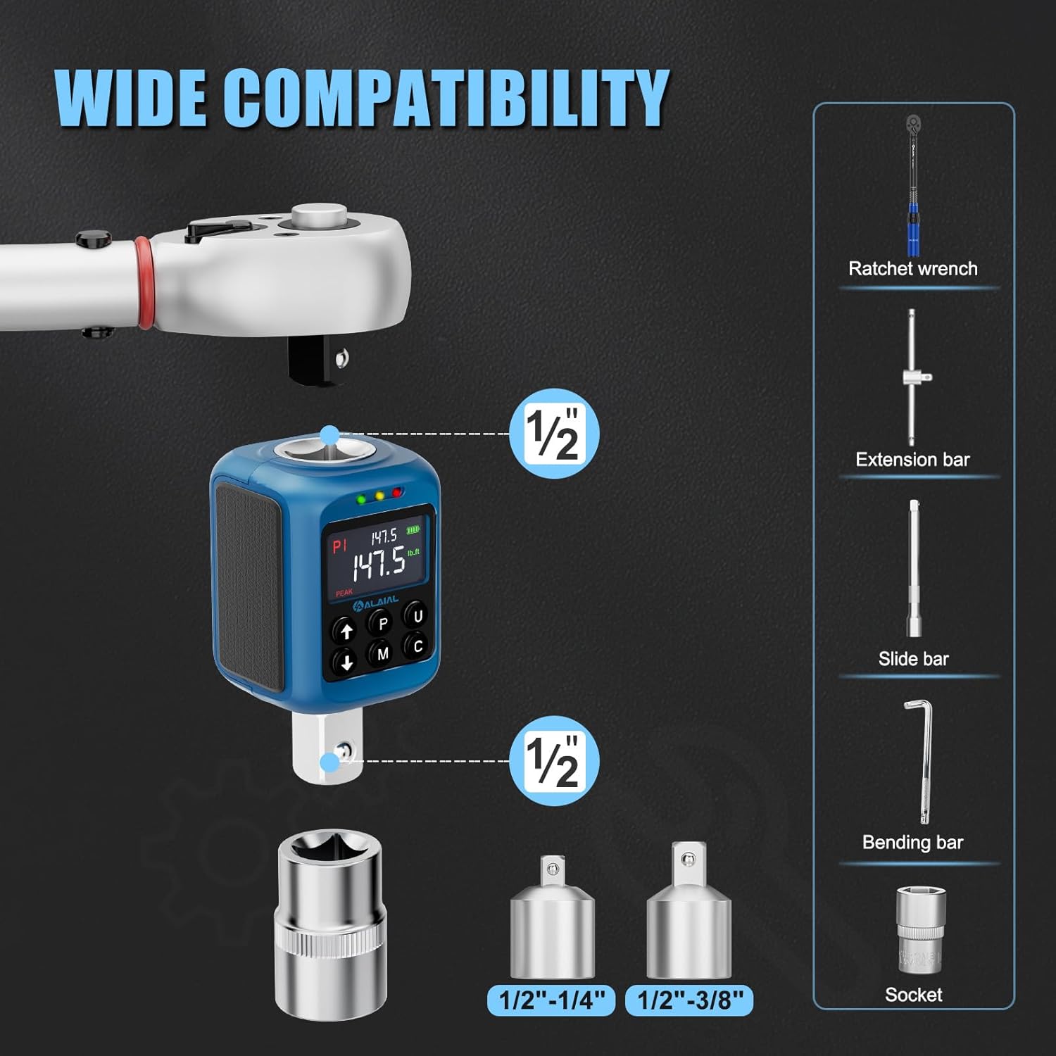 Digital Torque Adapter 1/2, 2.2-147.5 Ft-lb/3-200 Nm, Digital Torque Wrench Converter with ±2% Accuracy, Buzzer and LED Indicator, 2 Modes, 4 Units, 3/8'' & 1/4'' Adapters for Car, Moto