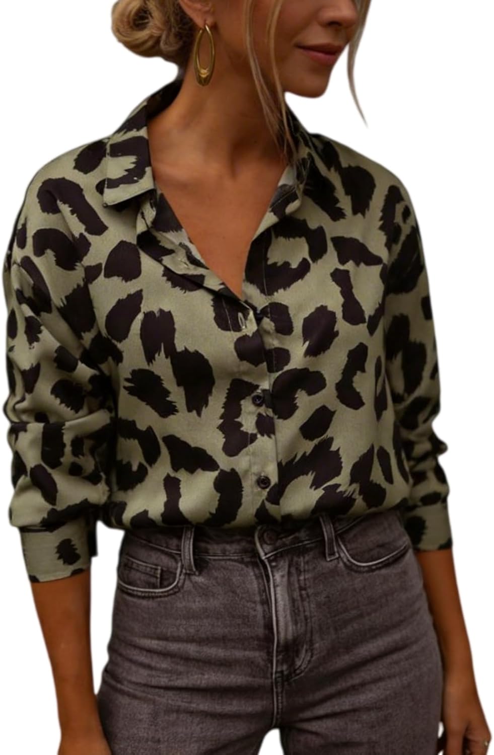 SOLY HUX Women's Leopard Button Down Shirt Cheetah Print Collared Long Sleeve Casual Work Tops Blouse
