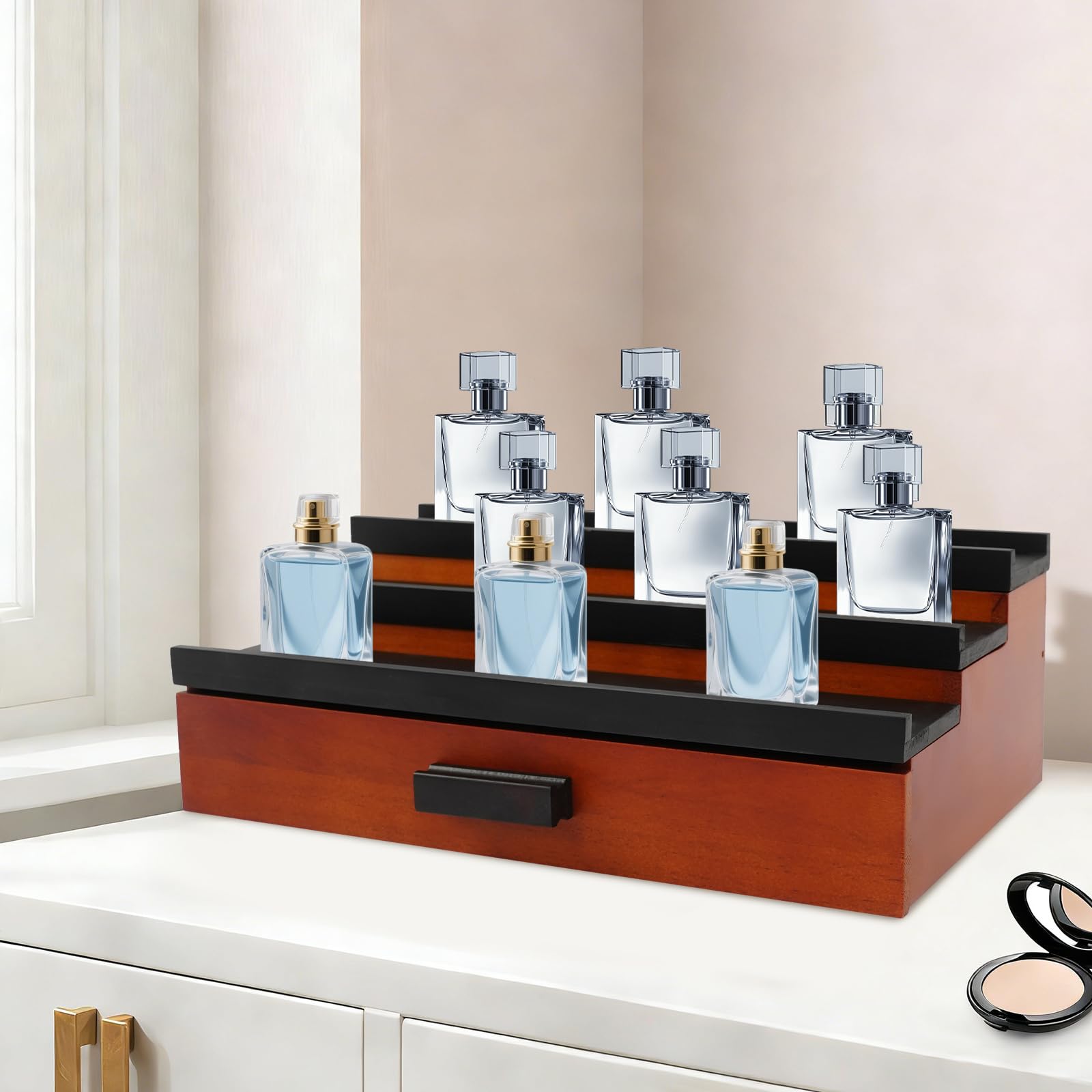 Organizador de perfume de madera de 3 niveles con cajón marrón