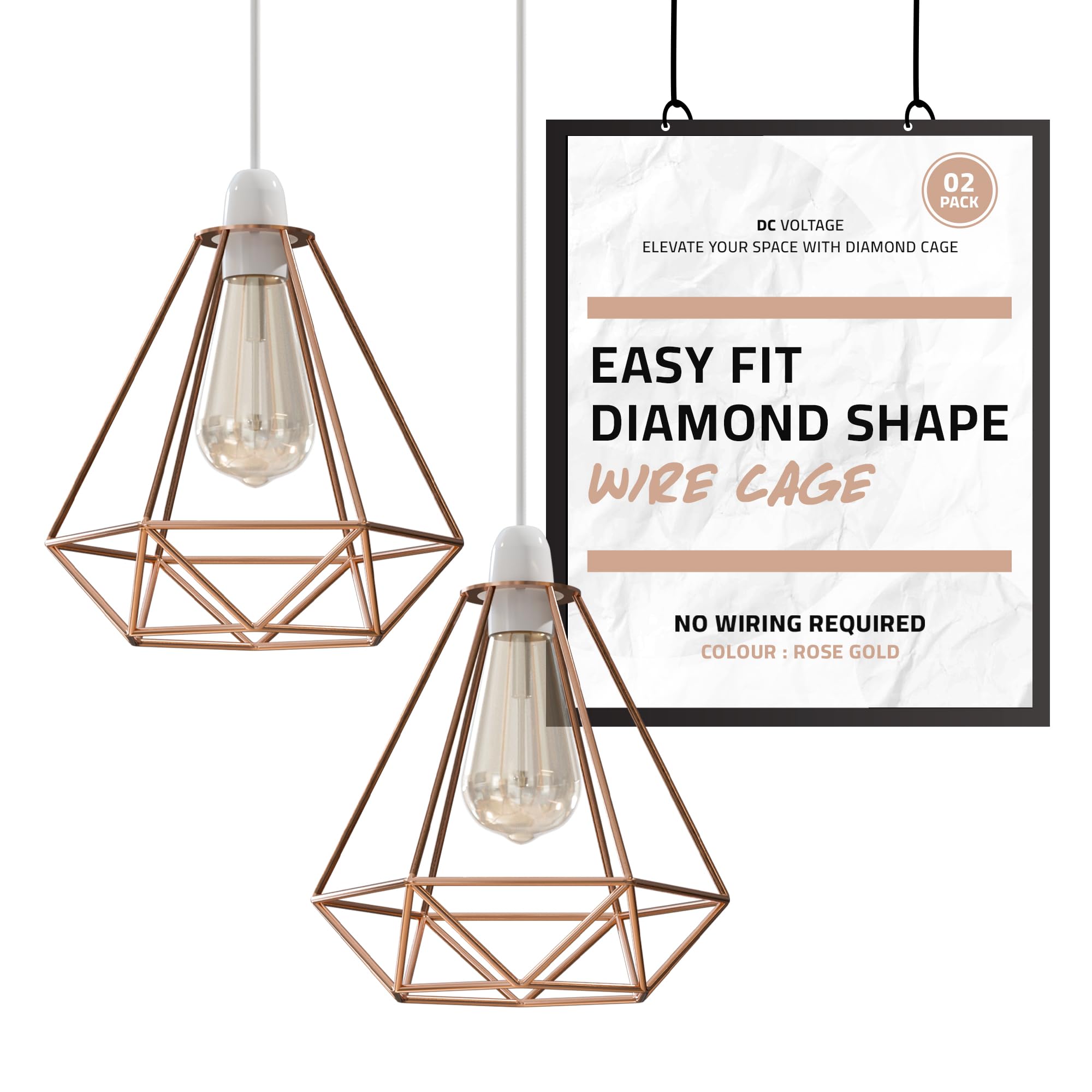 DC VOLTAGE 2 Pack Modern Diamond Shape Pendant Ceiling Light Metal Wire Basket Cage Desk Lamp with Contemporary Lampshade Bedside Table Lamp for Home Office Bar (2 Pack Rose Gold)