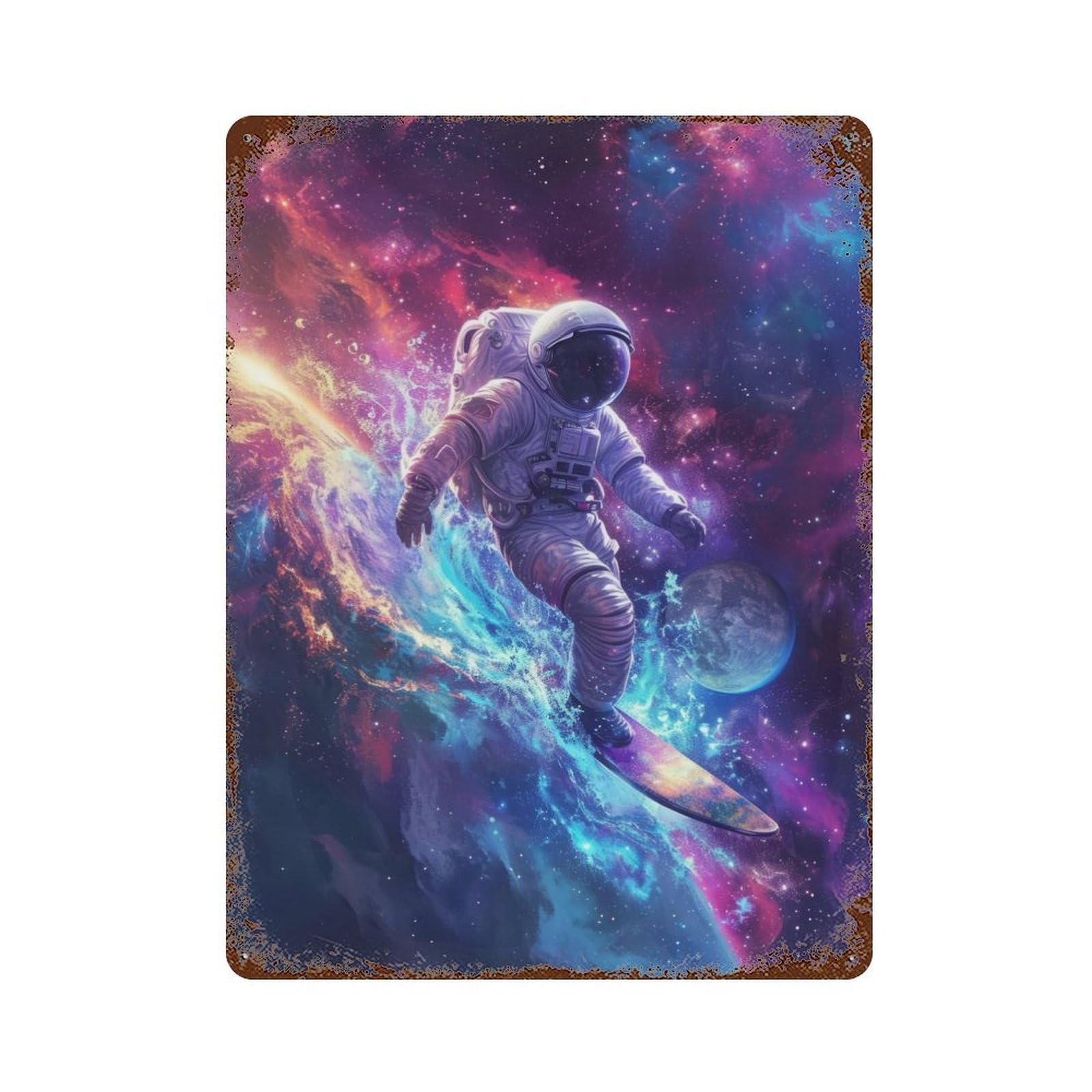 Rust Effect Astronaut Surfing in Space Rusty Metal Tin Sign 15.7"x11.8", Old School Wall Decor for Basement, Hobby Room And Garage Decor