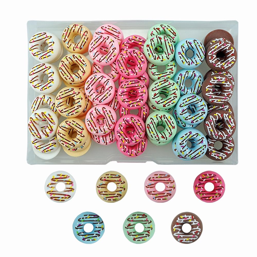 70 PCS Resin Donuts 0.7 inch Flat Back Cute Mini Plastic Donut Resin Embellishments for Candy Themed Holiday Party Supplies