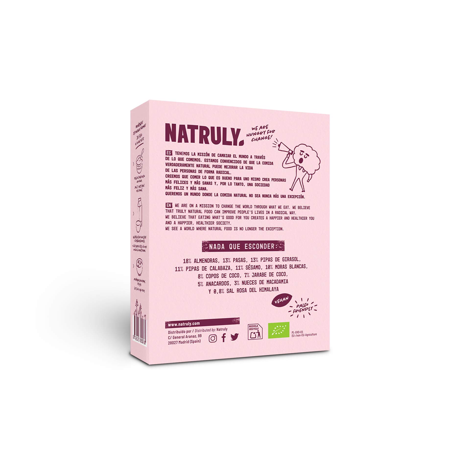 NATRULY Granola BIO de Frutos Secos y Semillas Sin Cereales, Sin Gluten y Sin Azúcar Refinado, Vegana, Sabor Moras y Pasas -Pack3x325g
