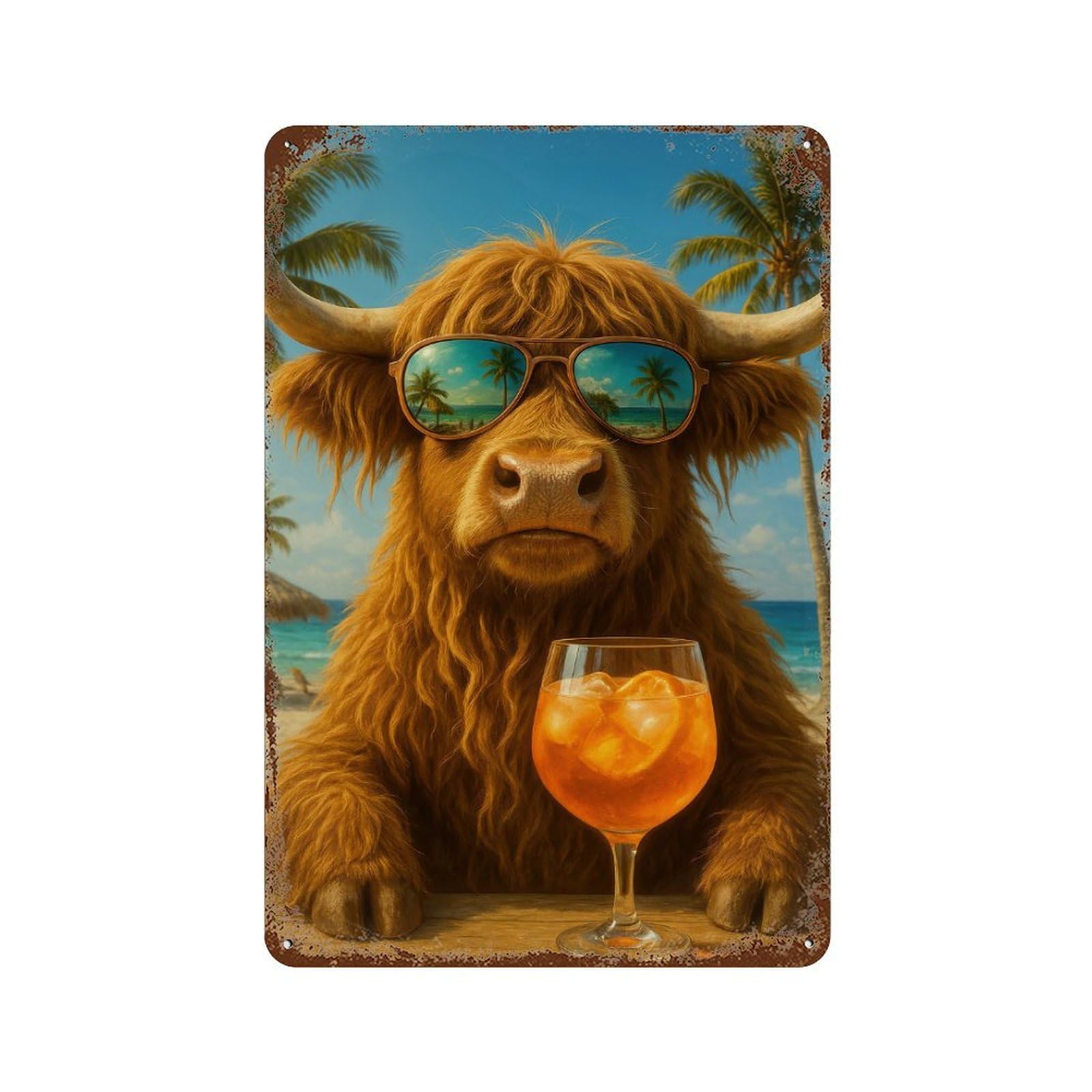 Highland Cow with Cocktail on Beach Decorative Tin Sign 11.8"x7.9", Shabby Chic Decor for Garage, Pub Or Kitchen