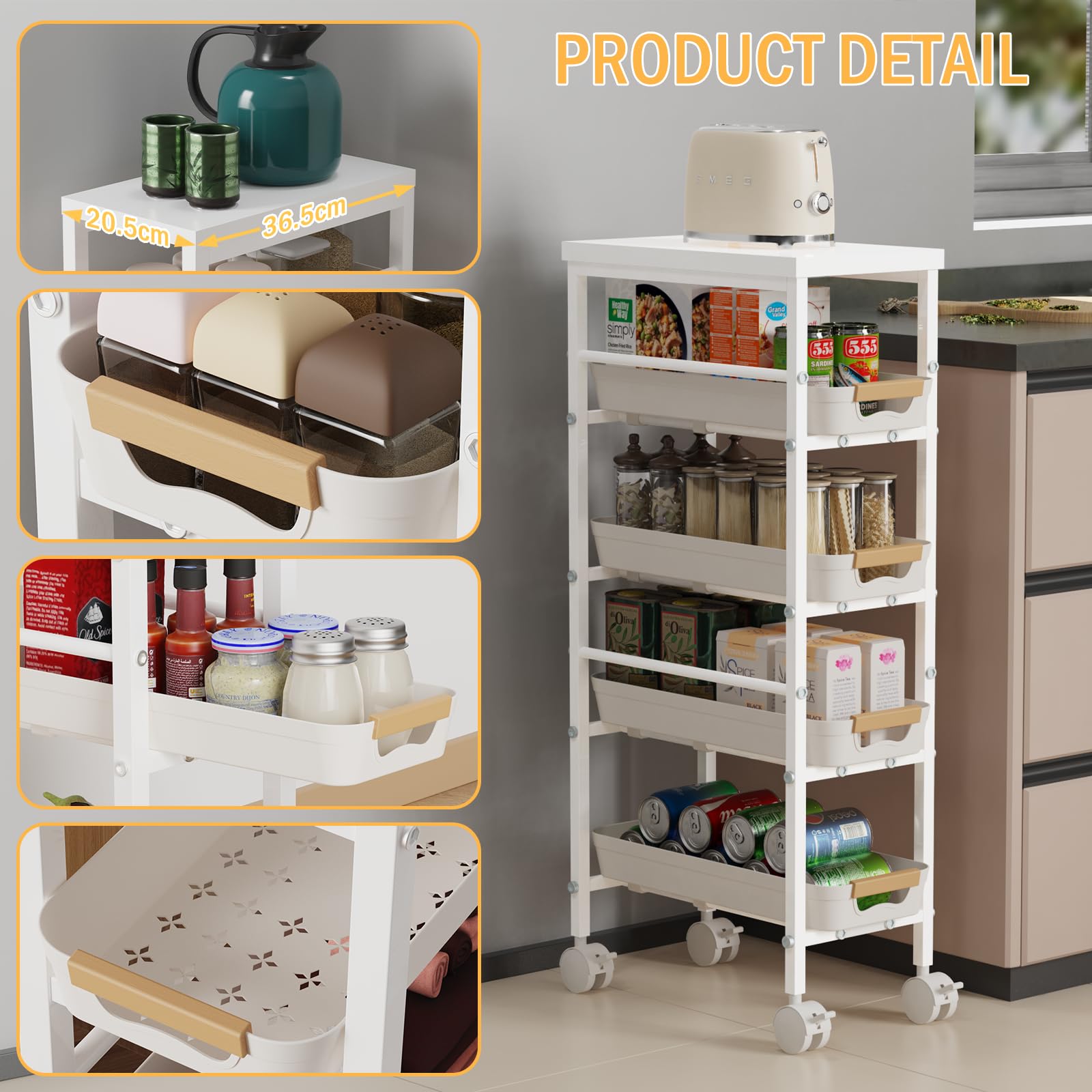 DROMEZ ROMEZ Carrello Cucina a 5 Ripiani, Carrellino Salvaspazio con 4 Cassetti, Bianco - Scaffale Stretto con Ruote, per Bagno Ufficio, L38 x B20 x H81 cm