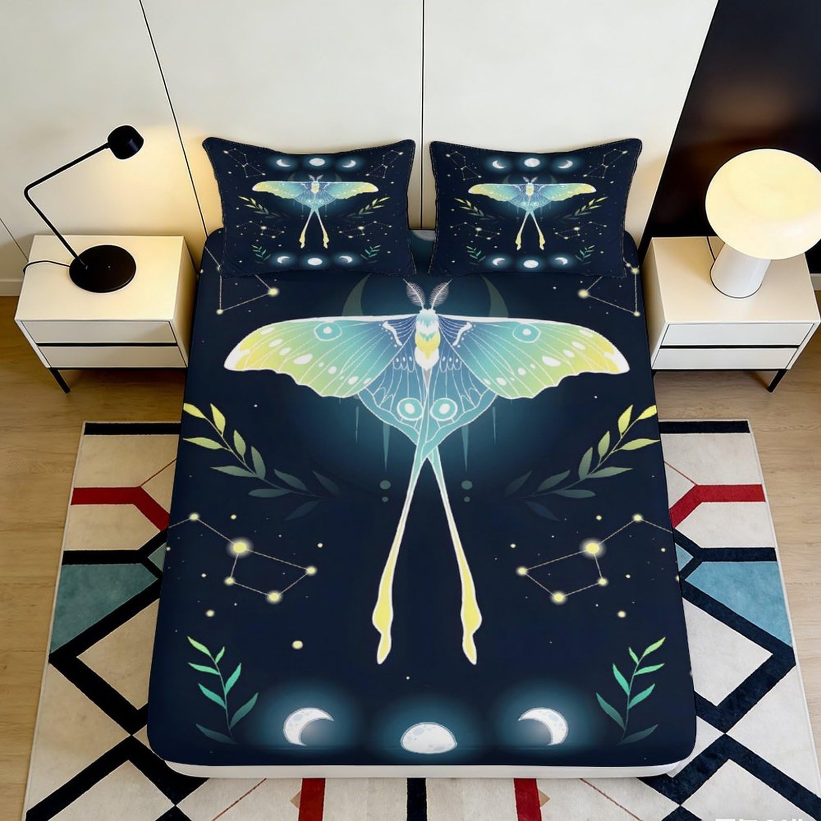 3D Printed Luna Moth Night Sky Fitted Sheet Microfiber Soft Mattress Cover Bedroom Dorm Decor 115 200x200x25cm