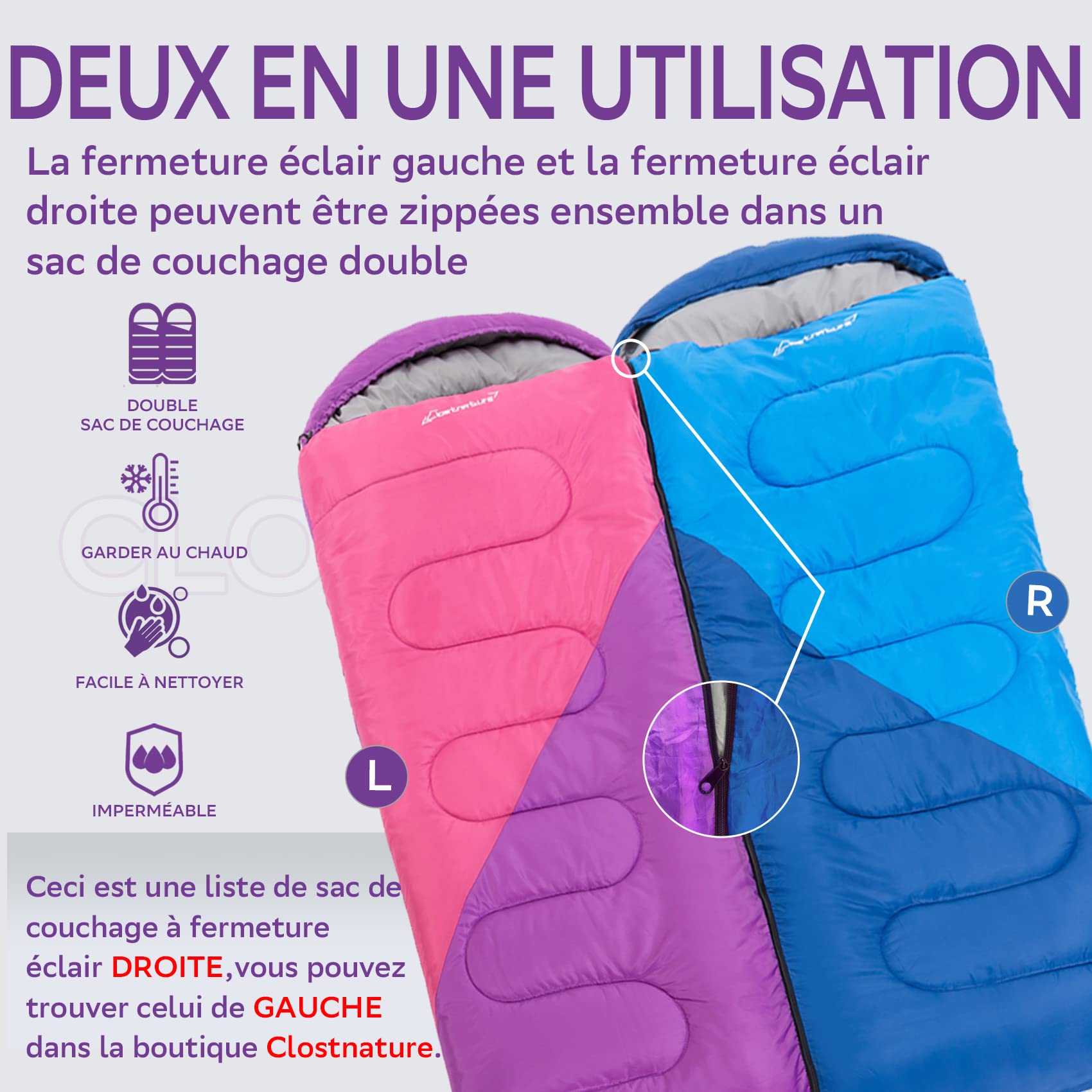 Clostnature Sac de Couchage Léger pour Camping - Sac de Couchage Rectangulaire Décontracté en Plein Air avec Petite Taille pour Adultes, Femmes, Hommes Randonnée, Sports(Fermeture éclair Gauche)