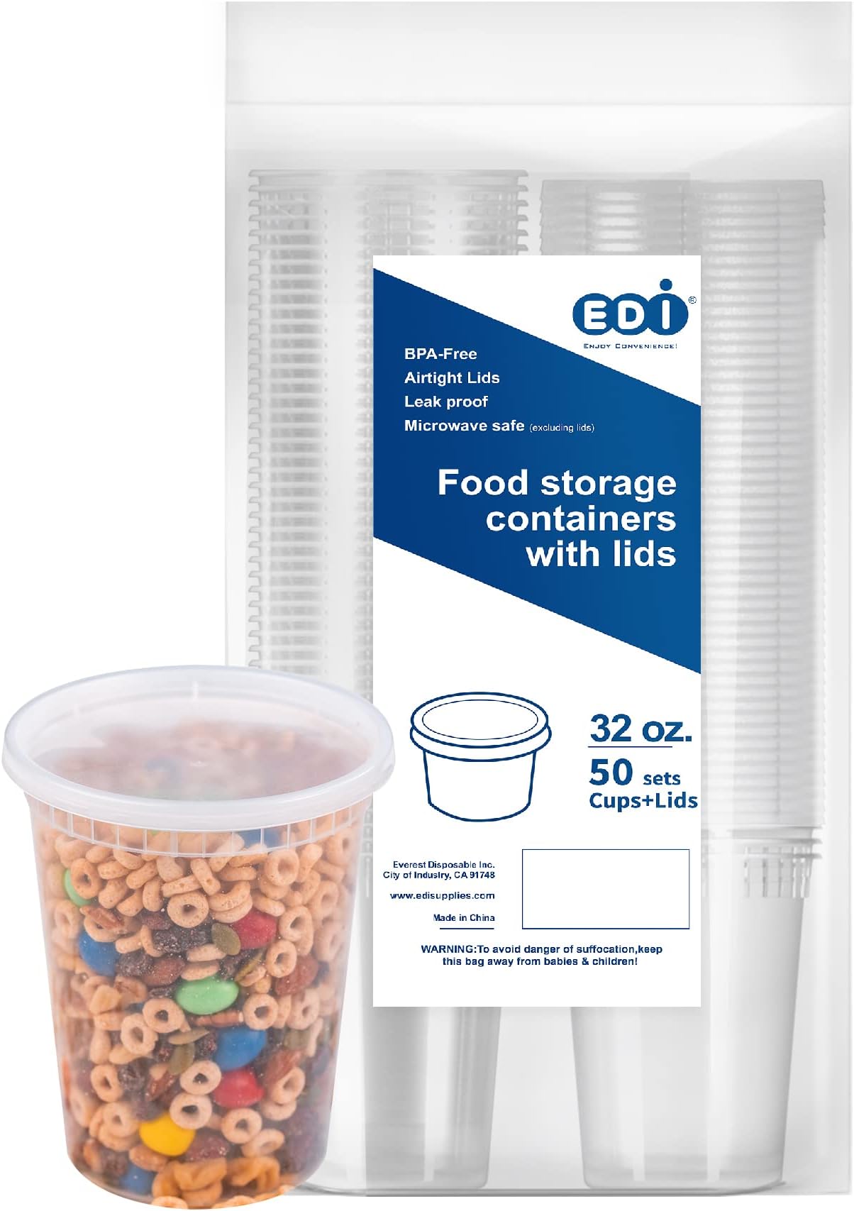 EDI[32 OZ, 100 Sets] Plastic Deli Food Storage Containers with Airtight Lids | Microwave-, Freezer-, Dishwasher-Safe | BPA Free | Heavy-Duty | Meal Prep | Leakproof | Recyclable
