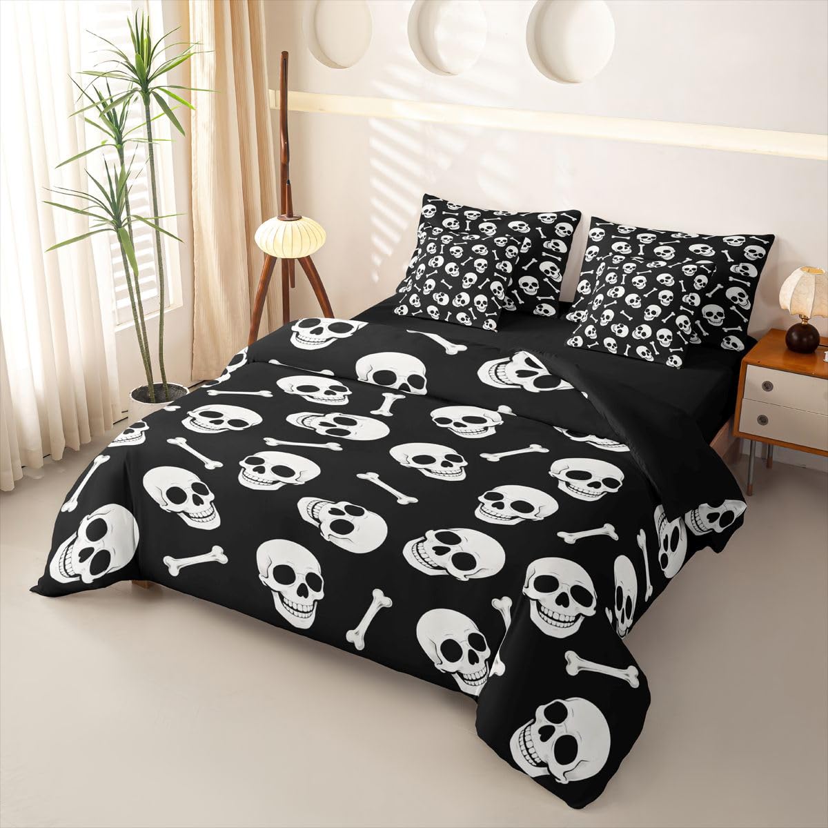 Loussiesd Biało-czarna poszewka na kołdrę super king size 7 sztuk zestaw pościeli z czaszką dla dzieci chłopców dziewcząt Halloween czaszka łóżko w torbie z poszewką na kołdrę, prześcieradła, poszewki