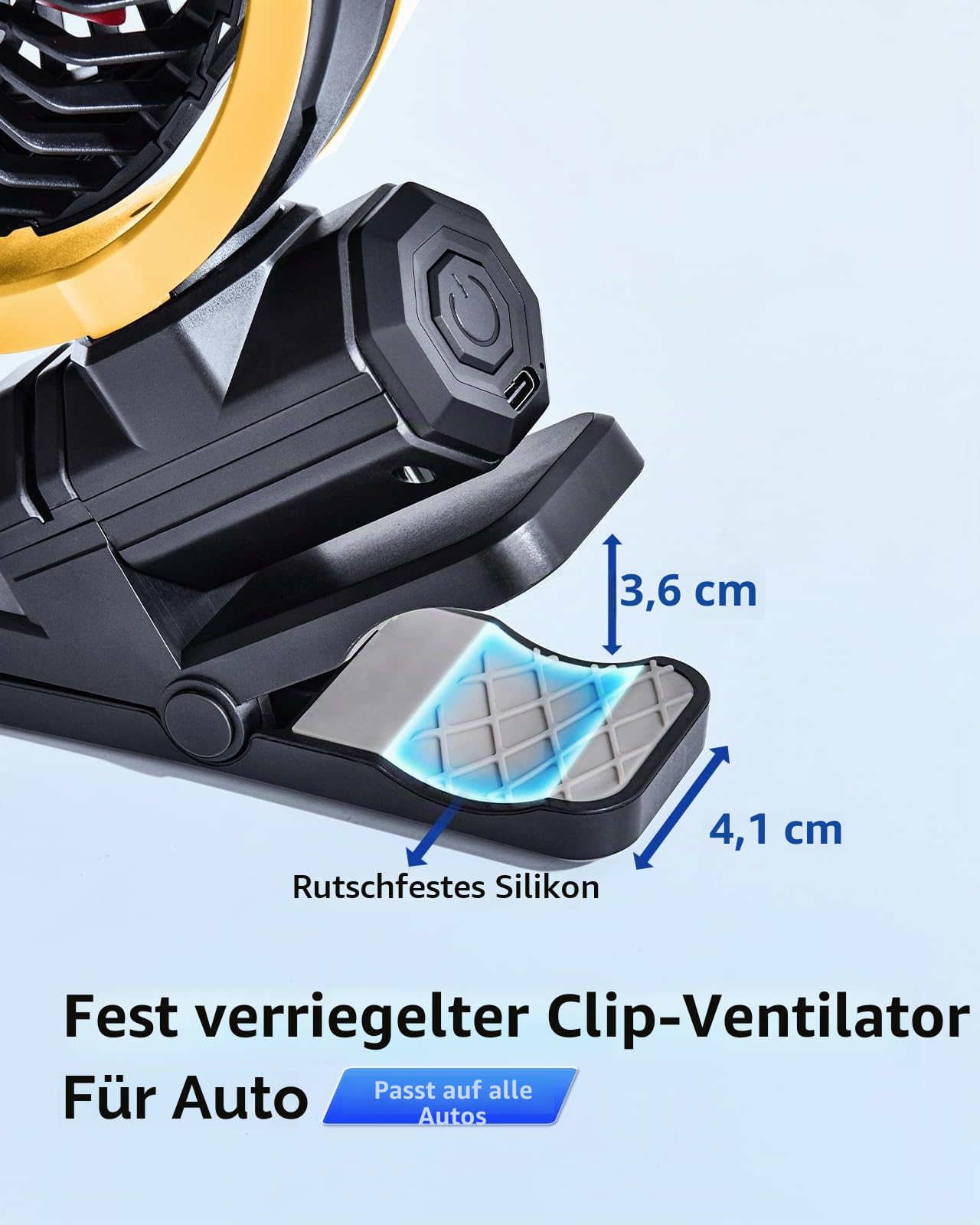 Akku-Ventilator für Auto-Sonnenschutz, Rücksitz & Dachgriffe, leiser tragbarer Clip-Autoventilator für SUV, Van, Wohnmobil, Pickup, Camping, Schreibtisch, Bett, Kinderwagen & Babybett - Gelb