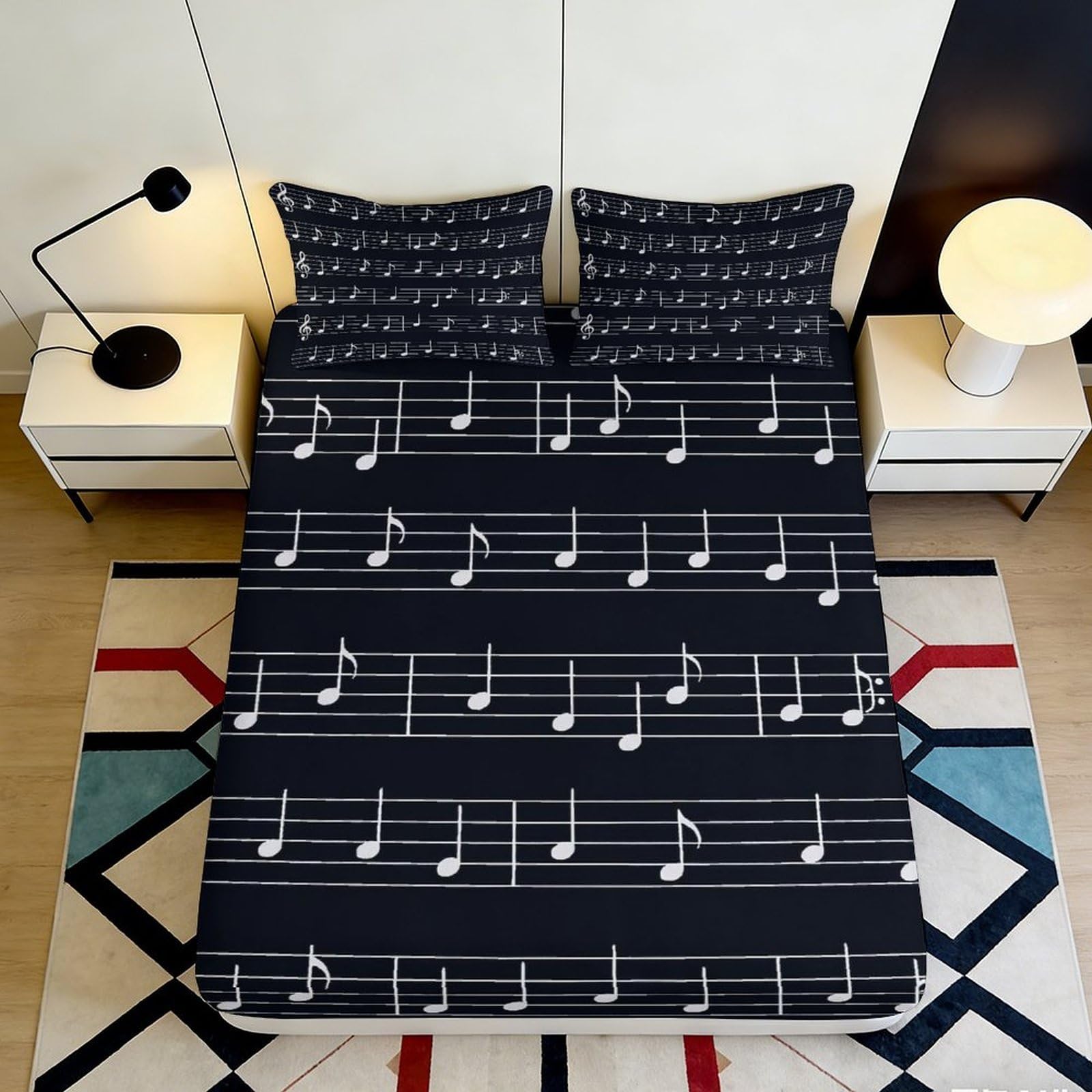 3D Printed Musical Notes Fitted Sheet Microfiber Black White Melody Bed Sheet for Bedroom Guest Room Mattress Cover 90x200x25cm