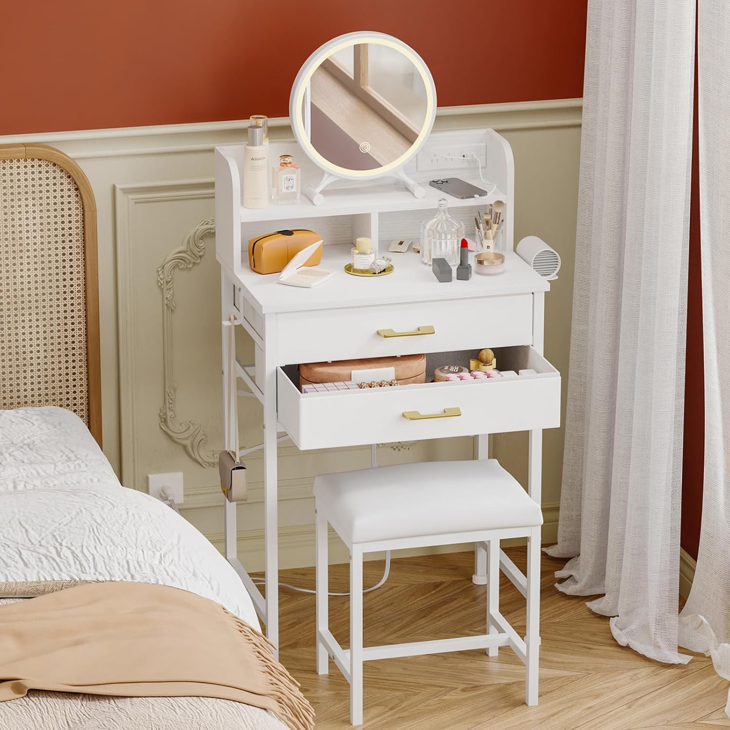 Fixwal White Small Vanity Desk Set with Lighted Mirror and Chair, Makeup Dresser with 2 Fabric Drawers, Power Outlet, Compact Table with Cushioned Stool for Bedroom Small Space
