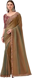 Women's Satin Heavy Embroidered Work Saree With Unstitched Blouse Piece