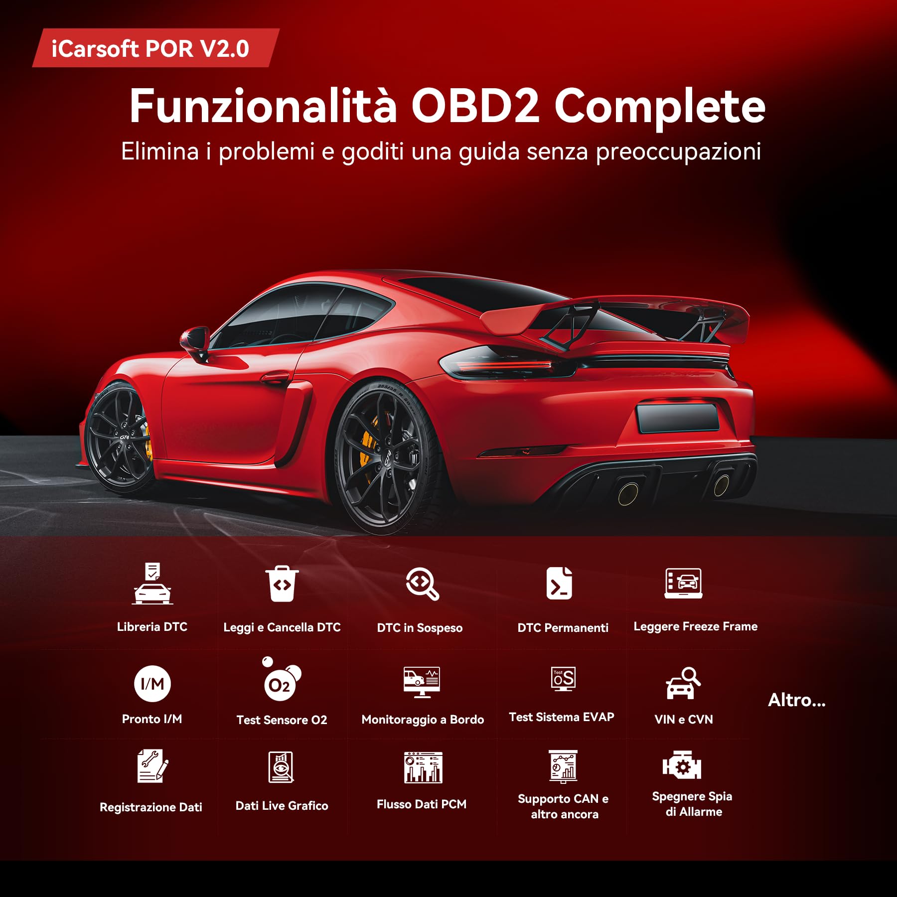 iCarsoft POR V2.0 OBD2 Auto Diagnostica per Porsche/Cayenne/Macan, Diagnosi Auto in Italiano Tutti i Sistemi, 9 Funzioni di Ripristino, Olio/EPB/BMS/ETC/SAS/INJ/TPMS/DP-F/ABS, Aggiornamento a Vita