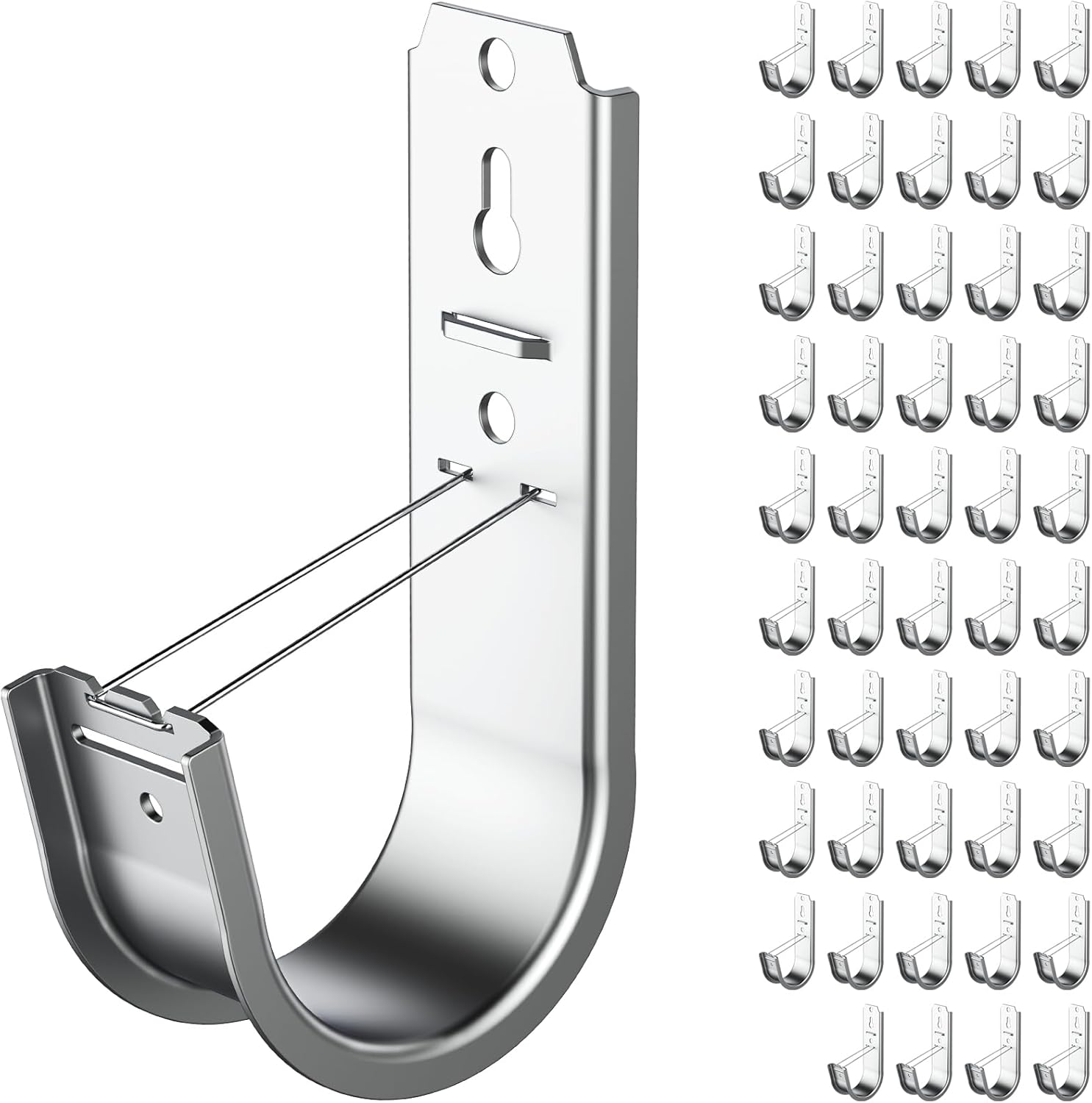 ForoGore 50 Pack 2 Inch J Hook Wall Mount J Hook with Retainer Clip Galvanized Steel Wall Cable Hooks Smooth Round Edge J Hook for Hanging Wire Cable Management & Organization Solution