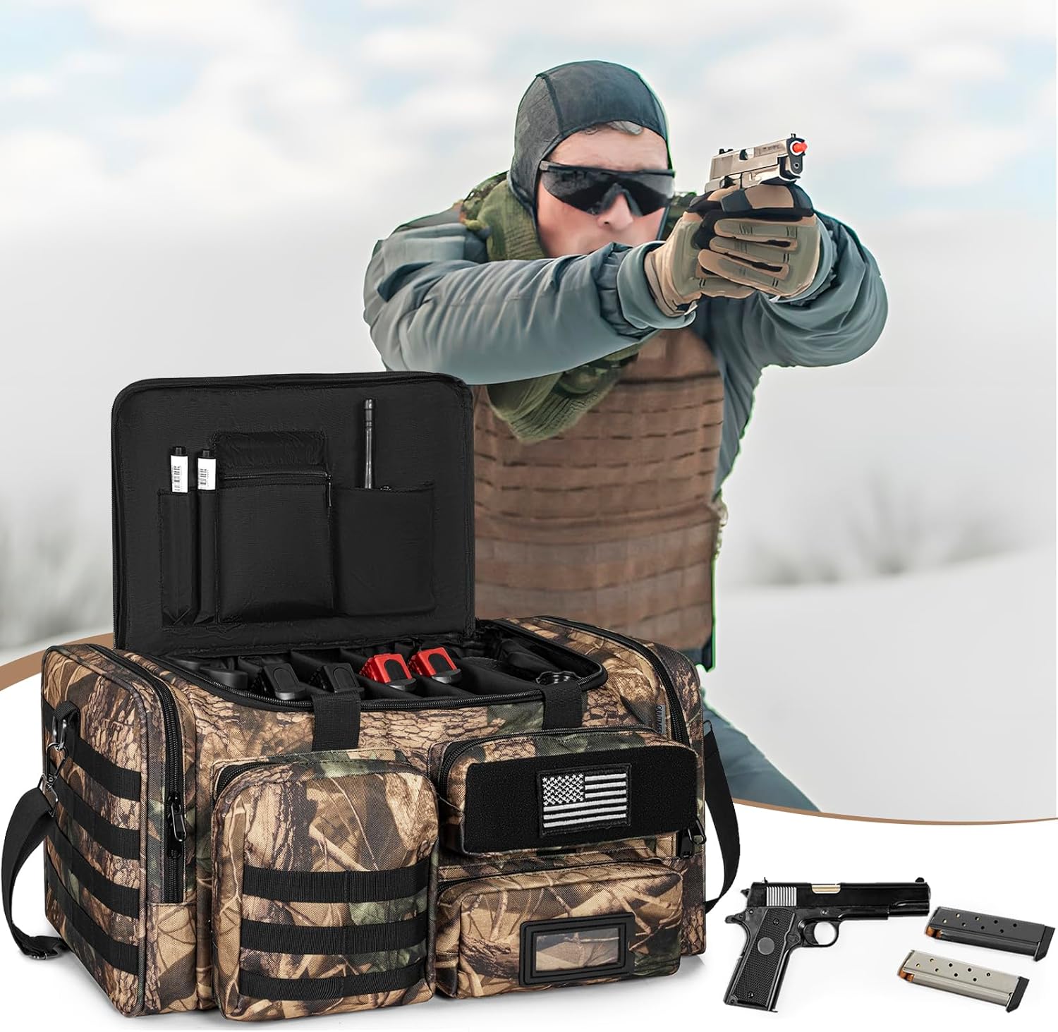 Tactical Pistol Range Bag, Gun Range Bag for Handguns, Shooting Duffle Range Pistol Bag with 6X Magazine Slots, Extra Pockets for Ammo and Essentials