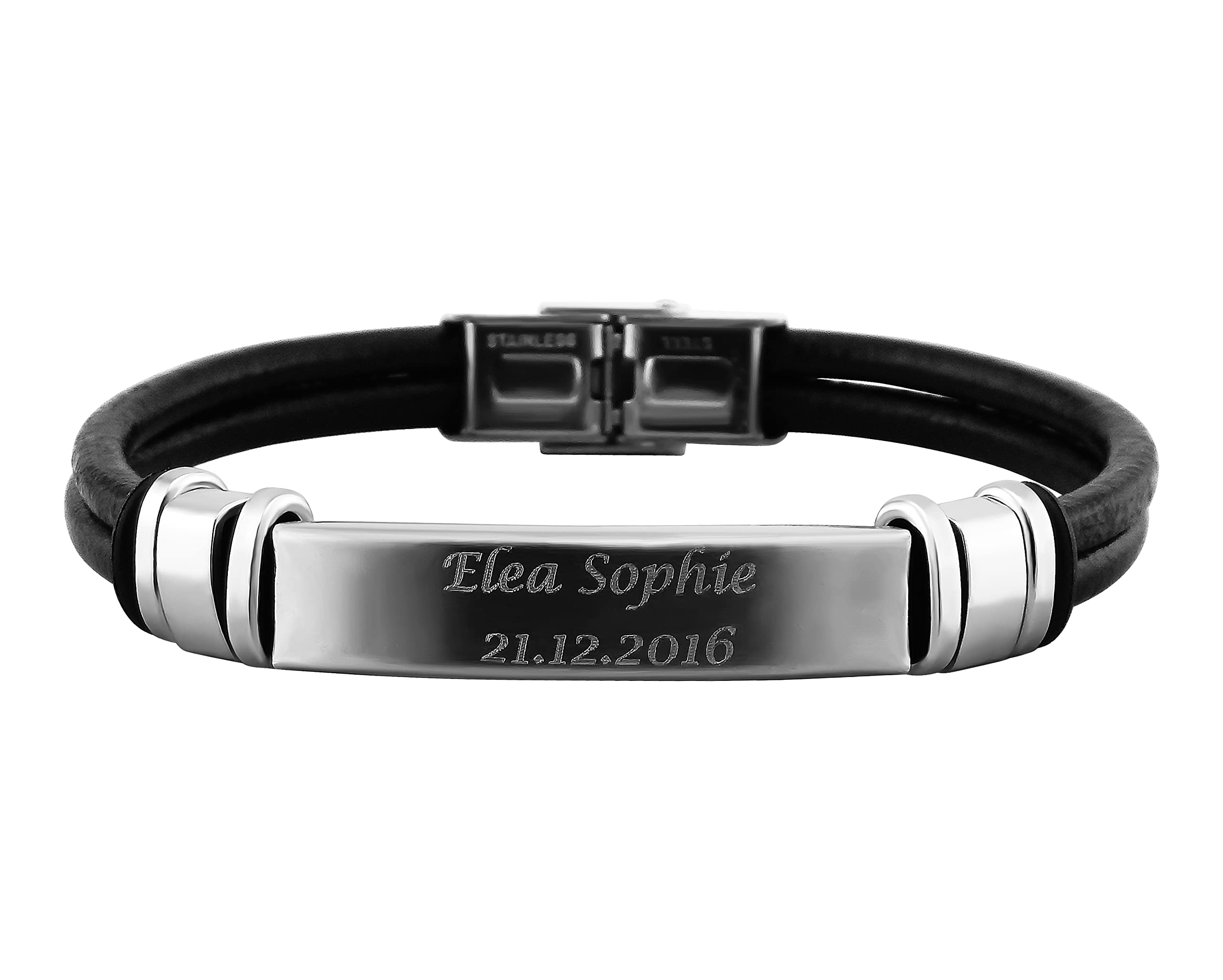 Personalisiertes Armband mit Gravur für Männer und Frauen Edelstahl Leder schwarz Länge 21 cm | Personalisierte Armbänder mit Namen Herren Damen