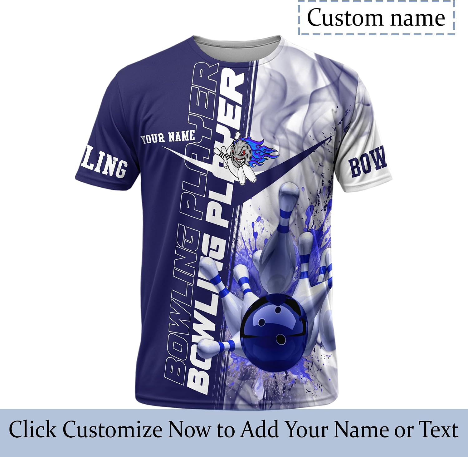 Men's Bowling Tshirt Custom Blue Bowling Ball and Smoke T Shirt for Bowling Player Print Bowling Clothes